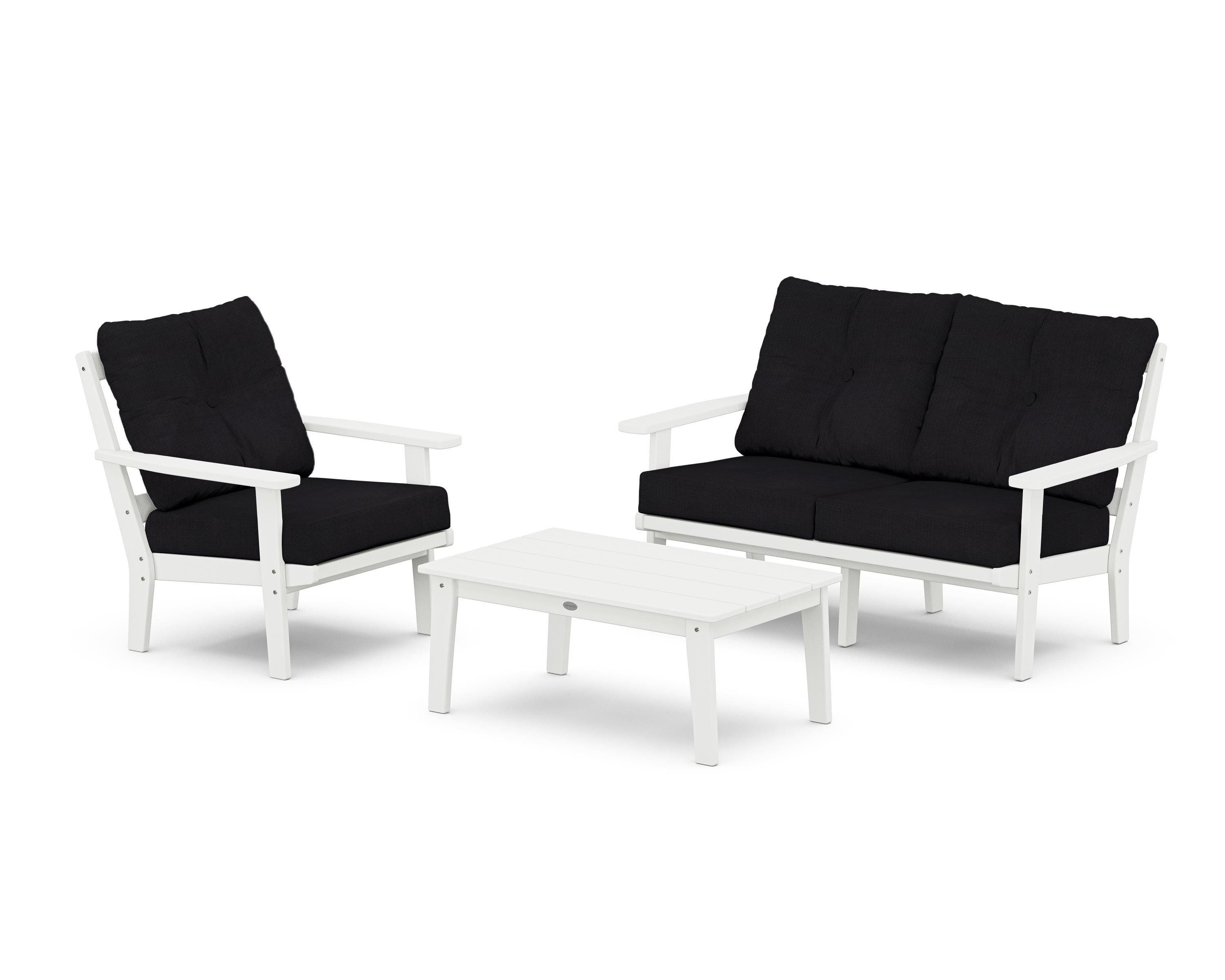 POLYWOOD Prairie 3-Piece Deep Seating Set with Loveseat in White / Midnight Linen