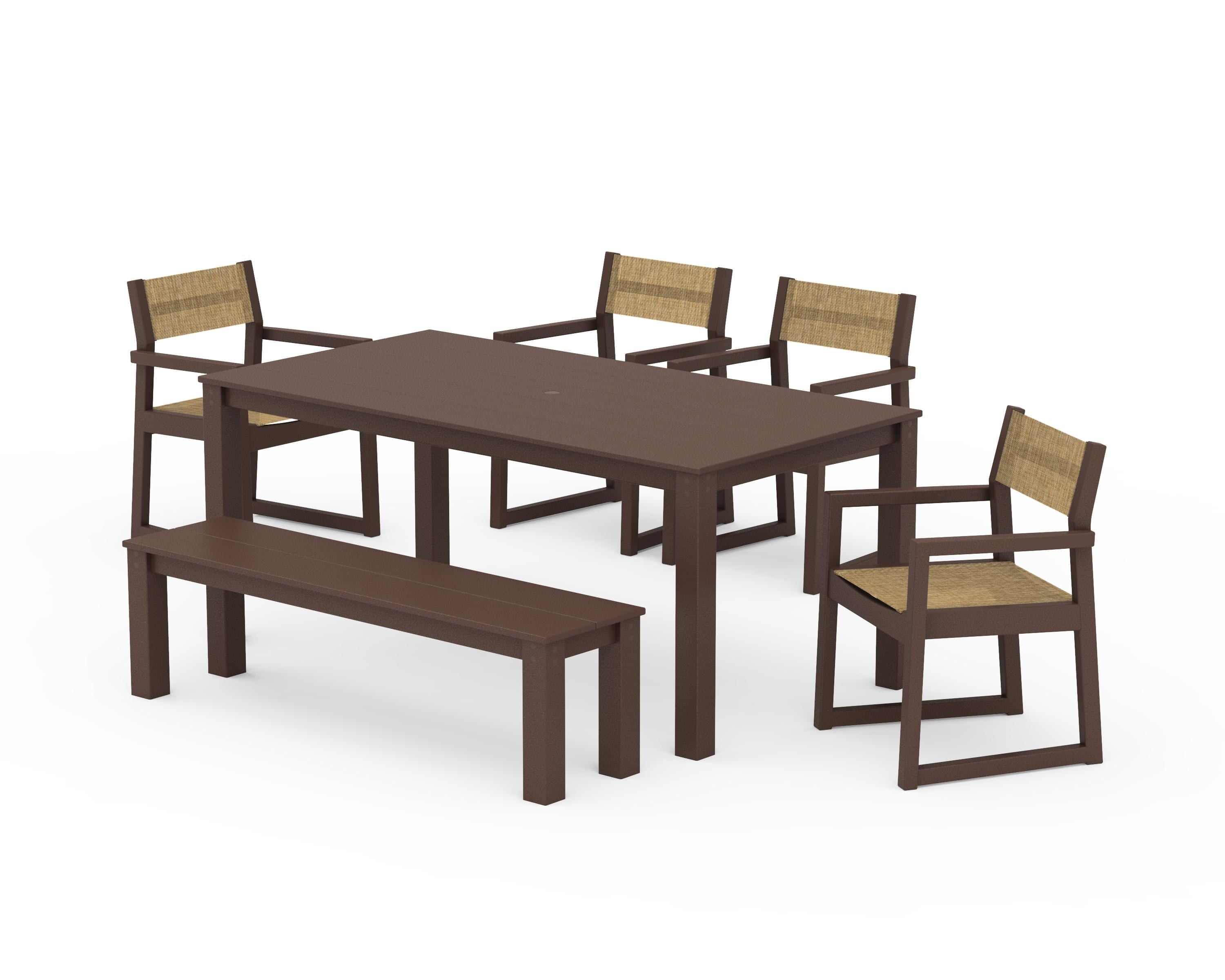 POLYWOOD EDGE Sling Arm Chair 6-Piece Parsons Dining Set with Bench in Mahogany / Burlap Sling