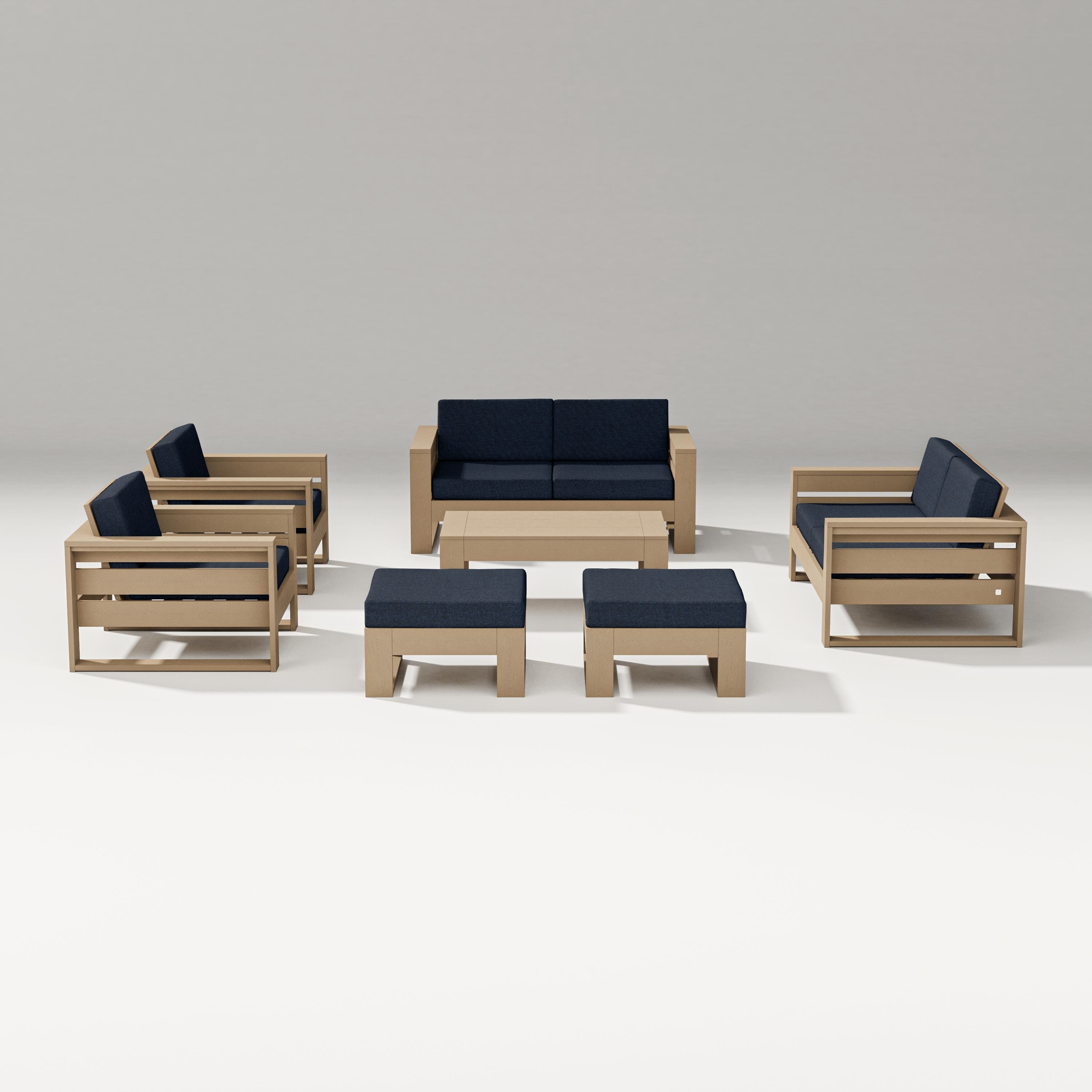 PW Designer Series Latitude 7-Piece Lounge Loveseat Set in Vintage Sahara / Marine Indigo