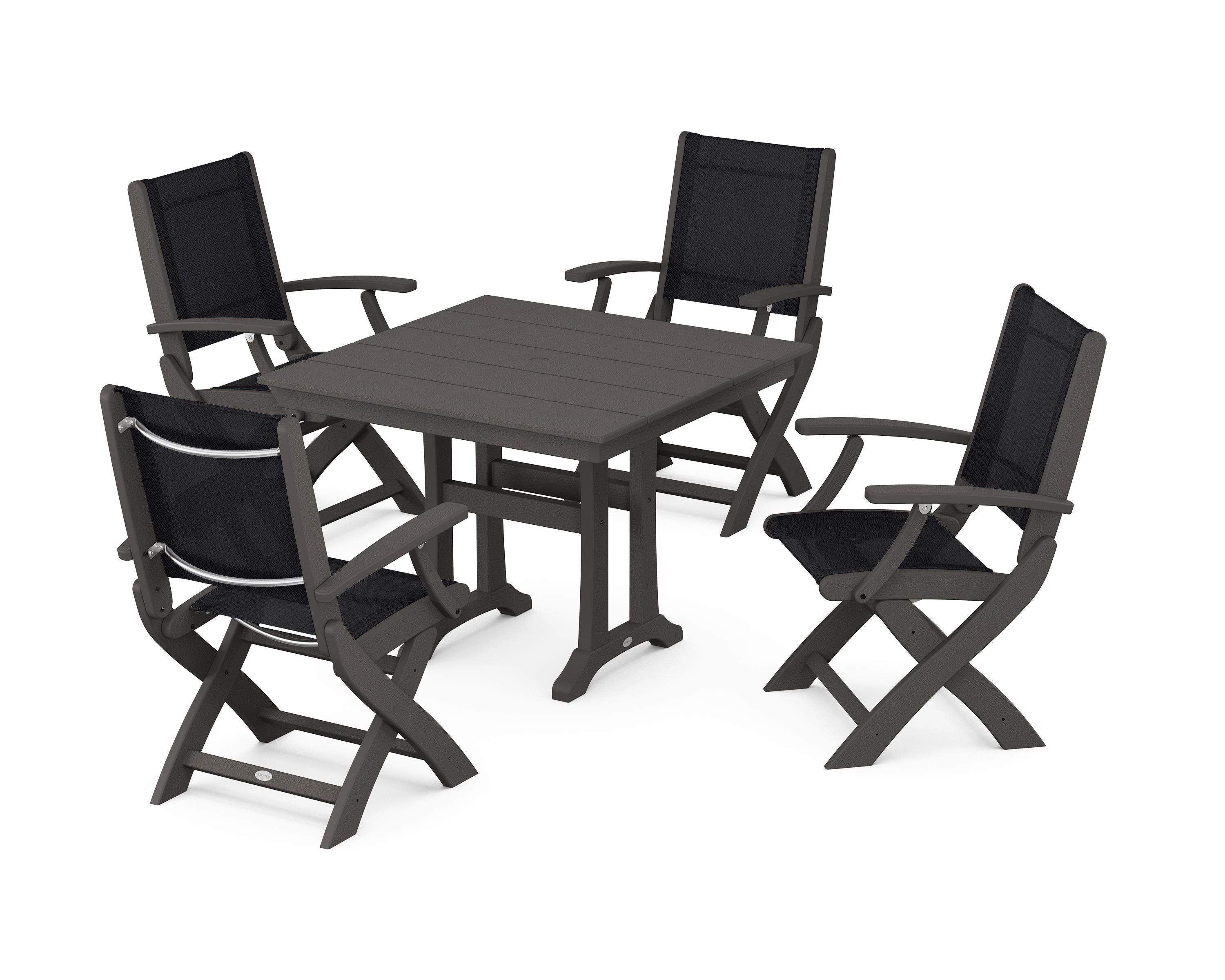 POLYWOOD Coastal Folding Chair 5-Piece Farmhouse Dining Set With Trestle Legs in Vintage Coffee / Black Sling