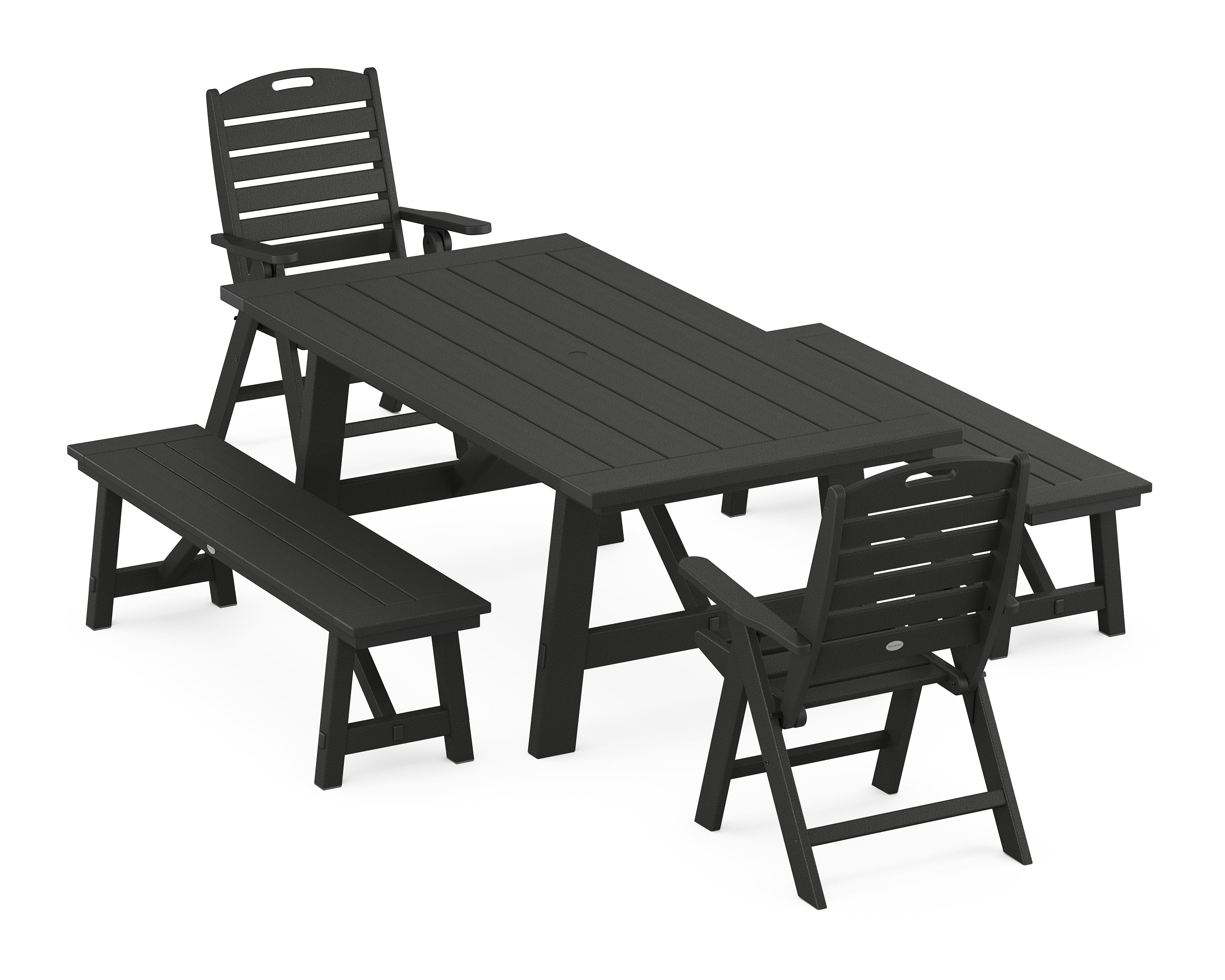 POLYWOOD® Nautical Folding Highback Chair 5-Piece Rustic Farmhouse Dining Set With Benches in Black