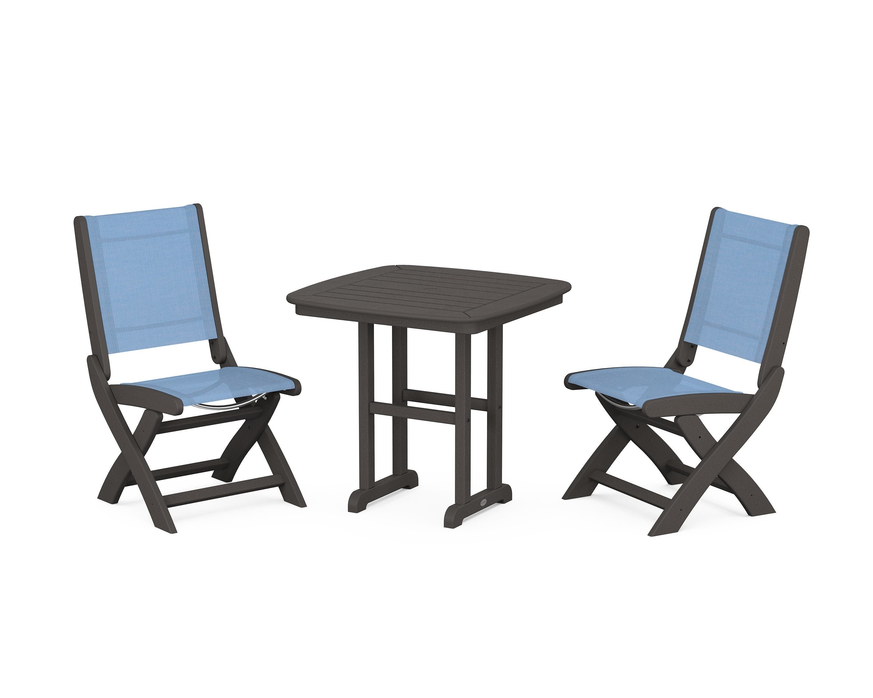 POLYWOOD Coastal Folding Side Chair 3-Piece Dining Set in Vintage Coffee / Poolside Sling