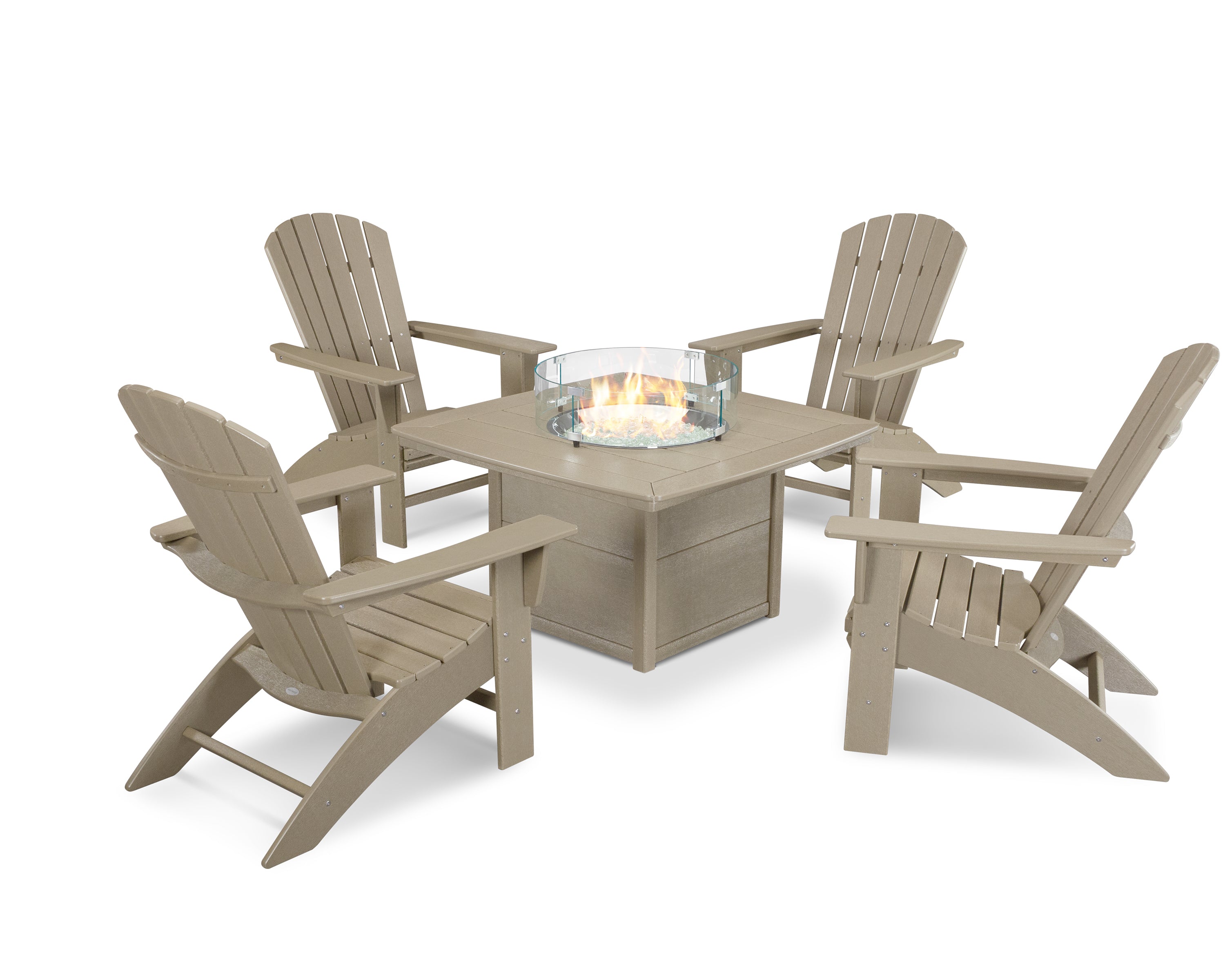 POLYWOOD® Nautical Curveback Adirondack 5-Piece Conversation Set with Fire Pit Table in Vintage Sahara