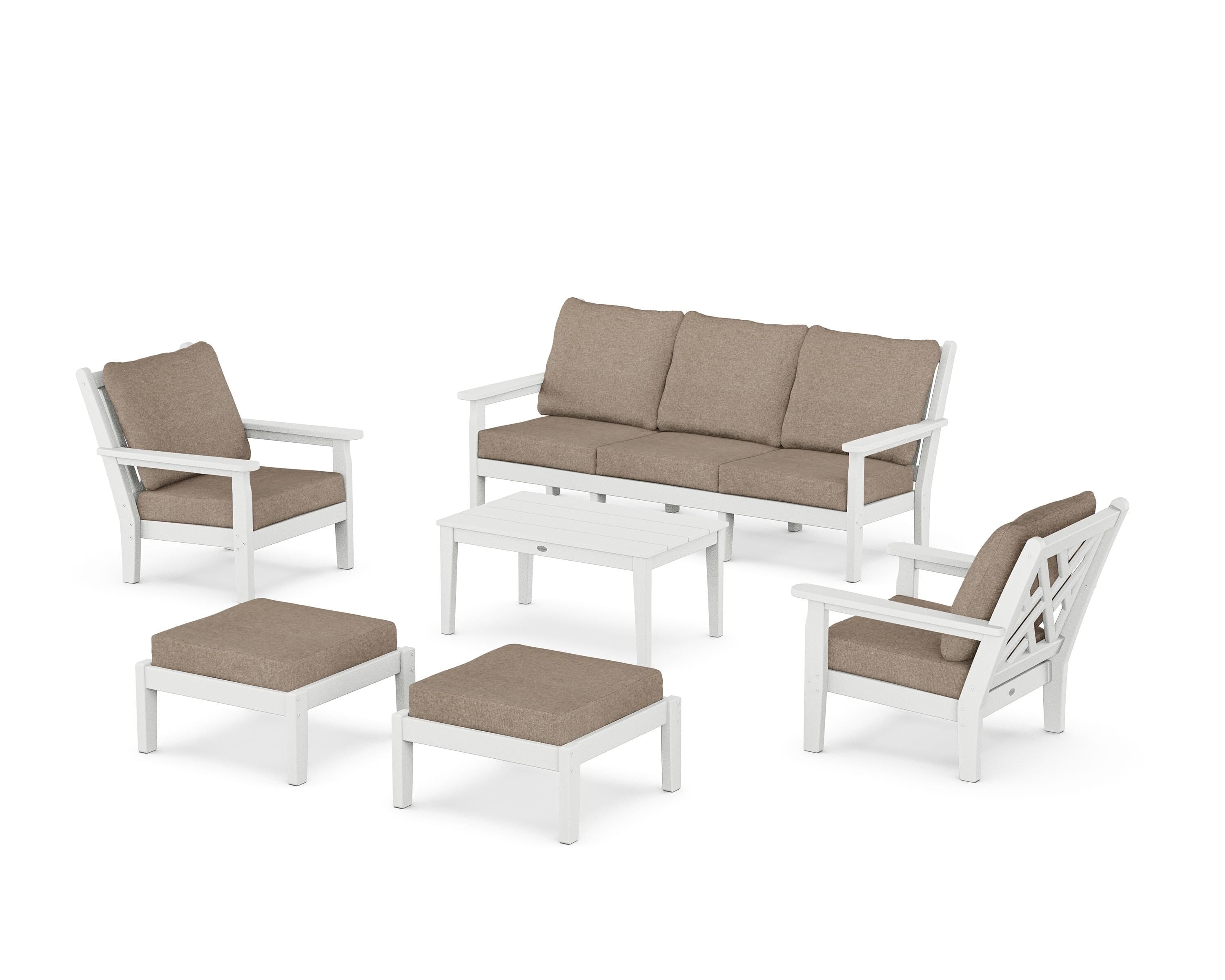 POLYWOOD Chippendale 6-Piece Lounge Sofa Set in White / Spiced Burlap