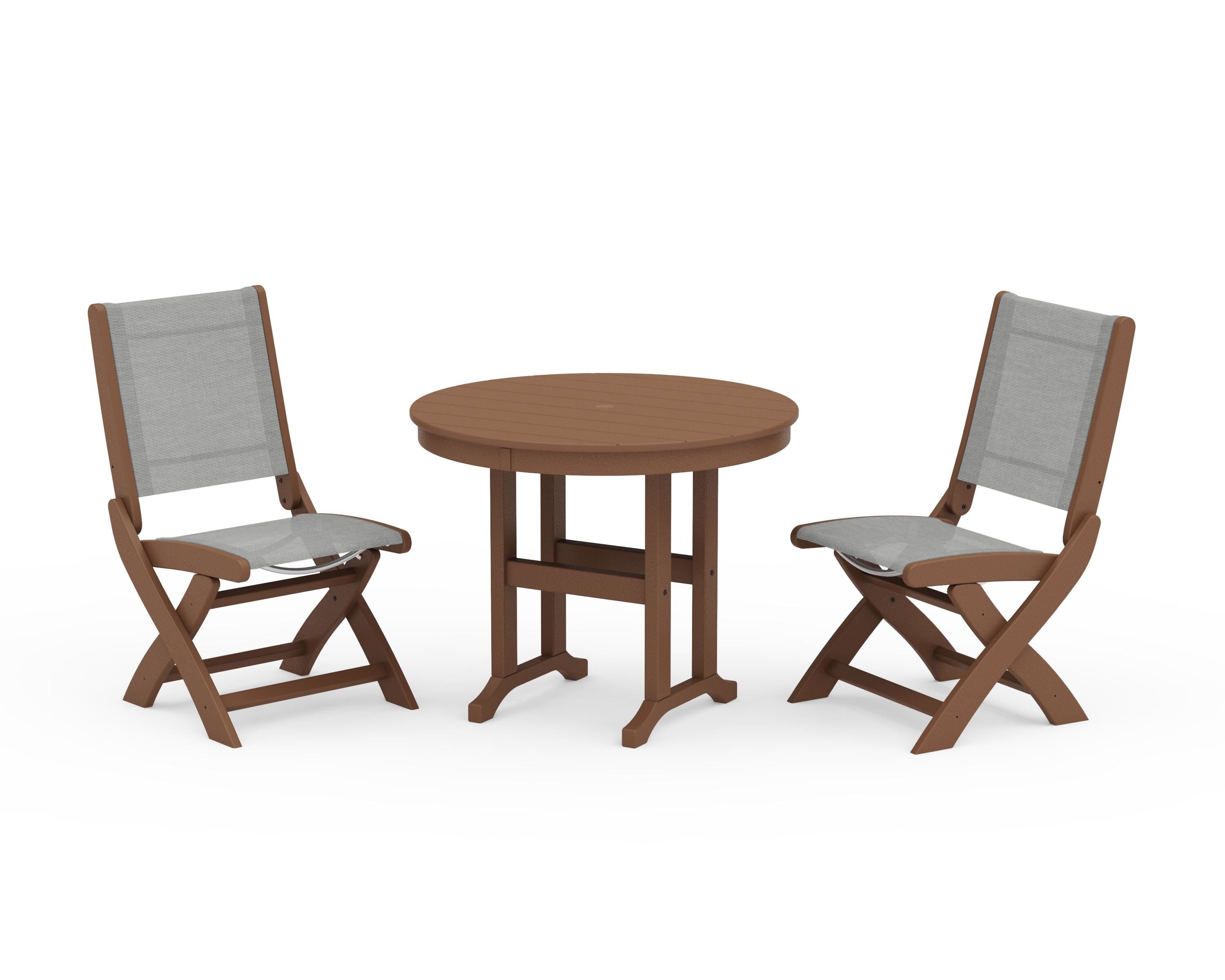 POLYWOOD Coastal Folding Side Chair 3-Piece Round Dining Set in Teak / Metallic Sling
