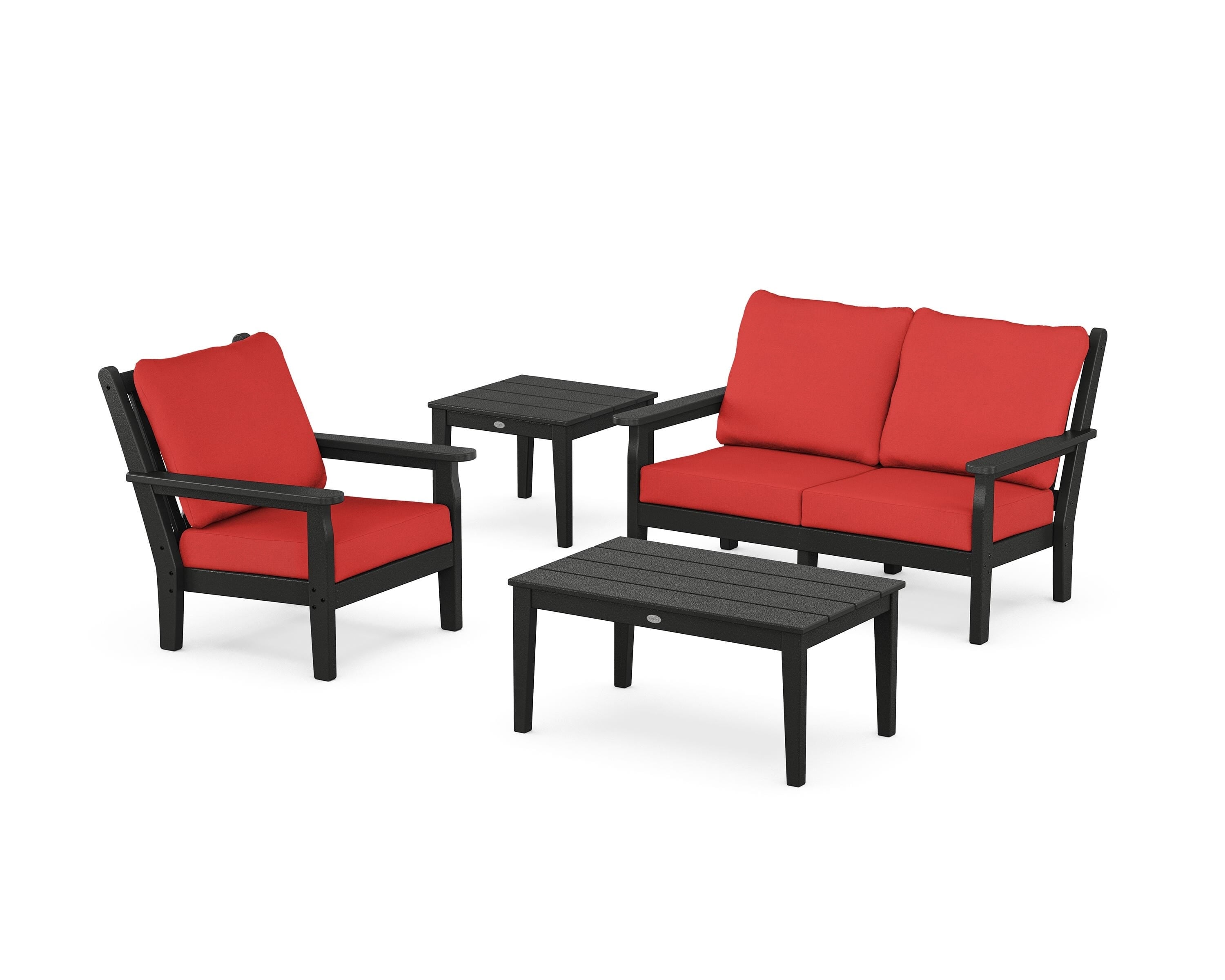 POLYWOOD Chippendale 4-Piece Deep Seating Set in Black / Crimson Linen