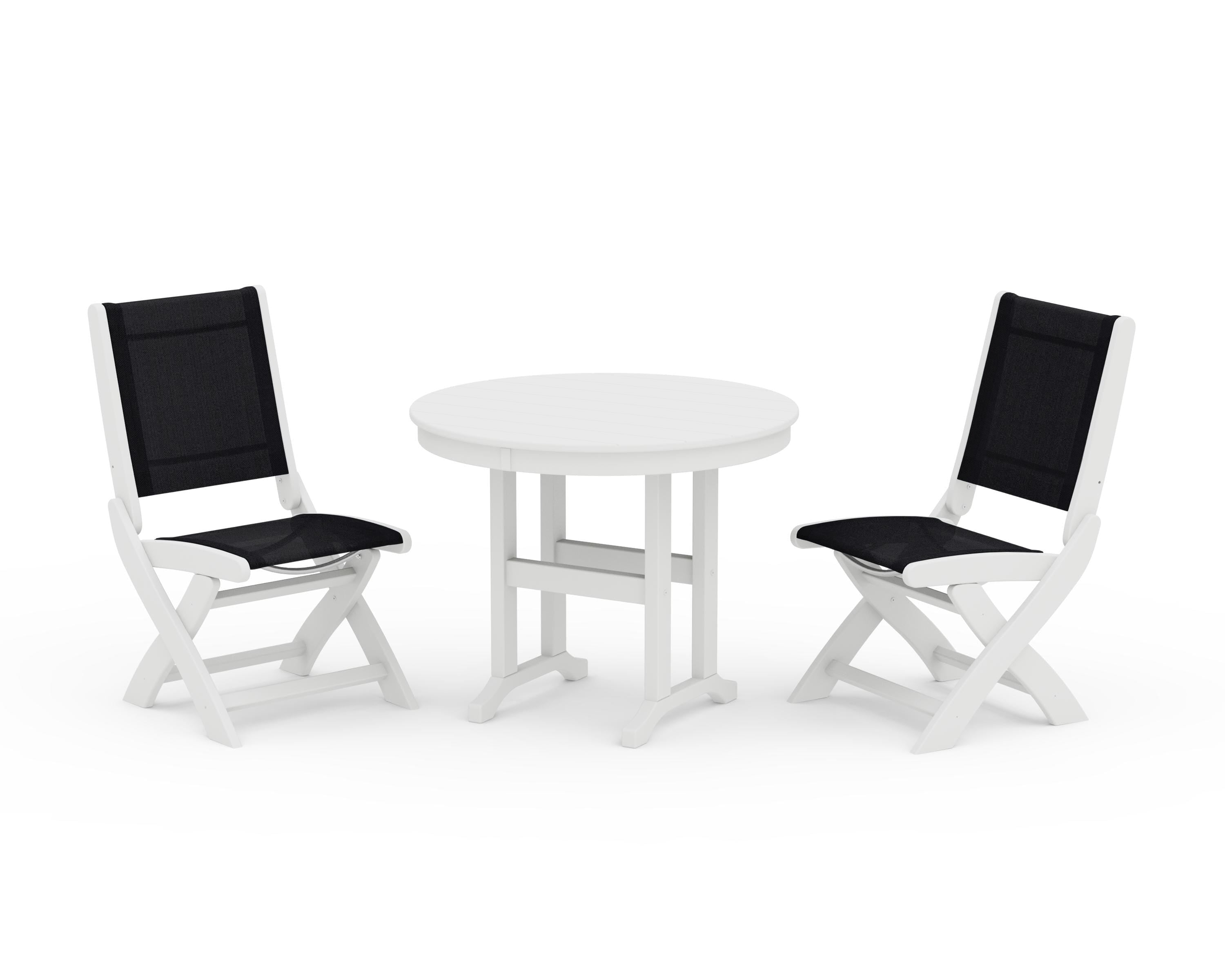 POLYWOOD Coastal Folding Side Chair 3-Piece Round Dining Set in White / Black Sling