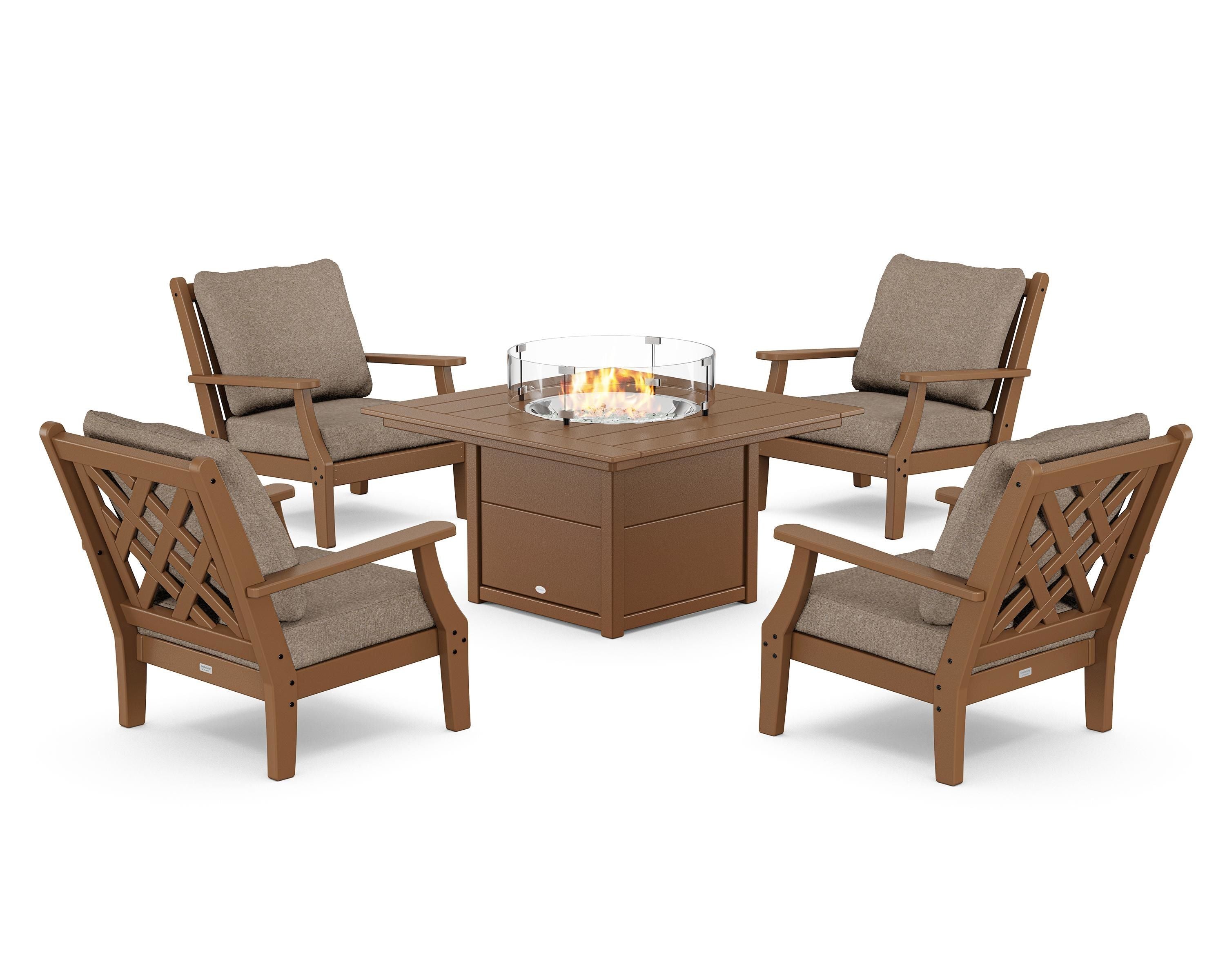 Country Living Wovendale 5-Piece Deep Seating Set with Fire Pit Table in Teak / Spiced Burlap