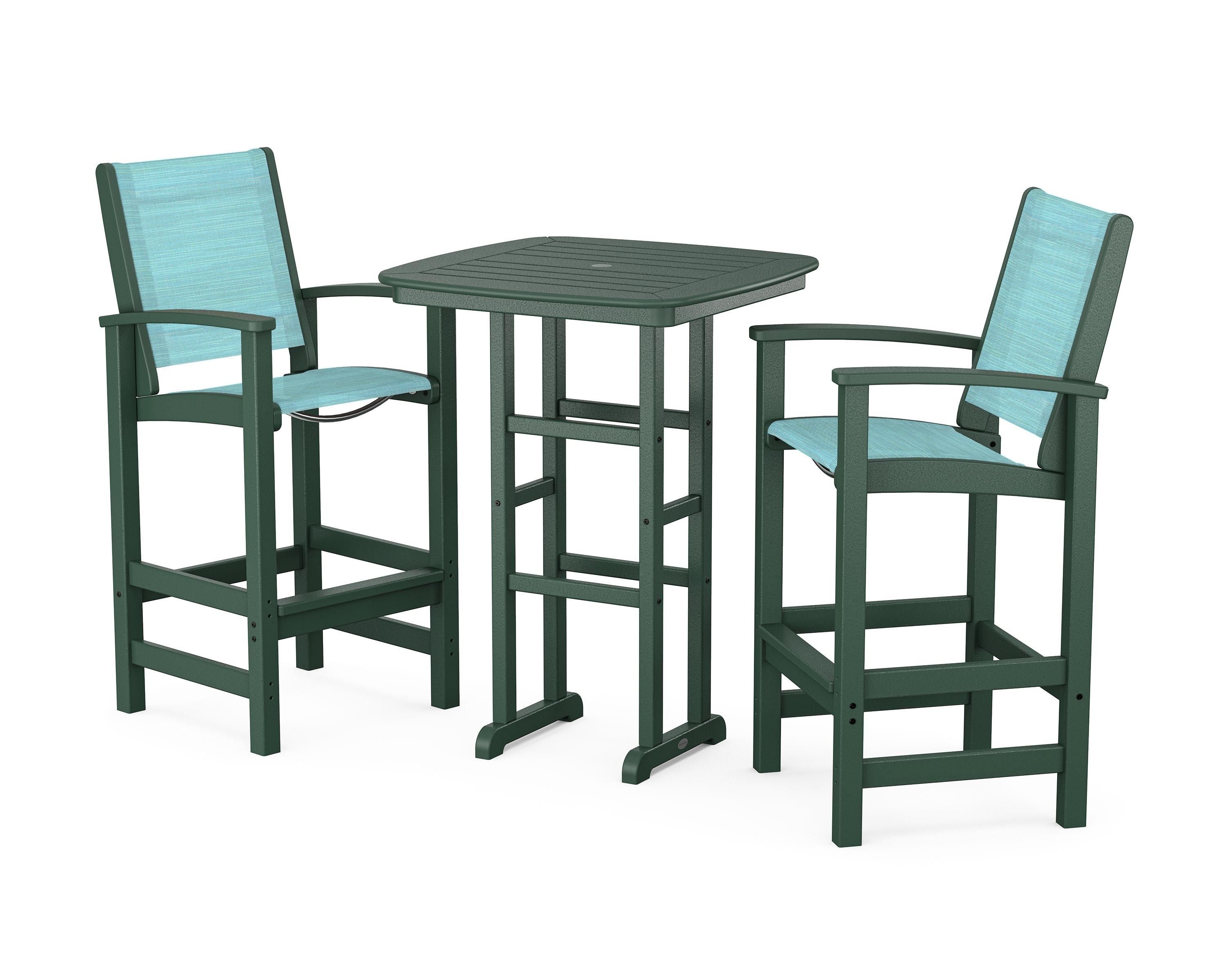 POLYWOOD Coastal 3-Piece Bar Set in Green / Dupioni Aquamarine Sling