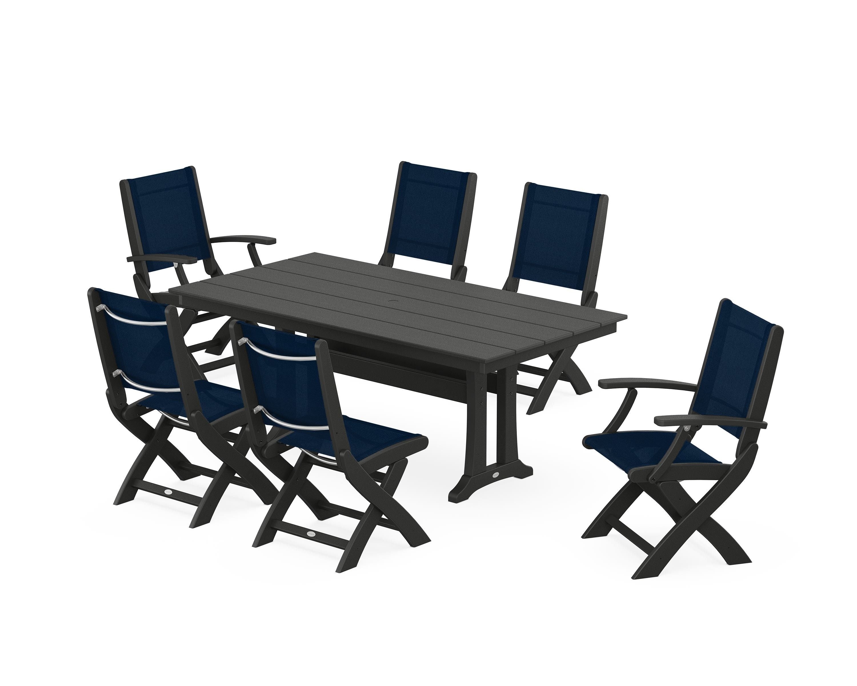 POLYWOOD Coastal Folding Chair 7-Piece Farmhouse Dining Set with Trestle Legs in Black / Navy Blue Sling