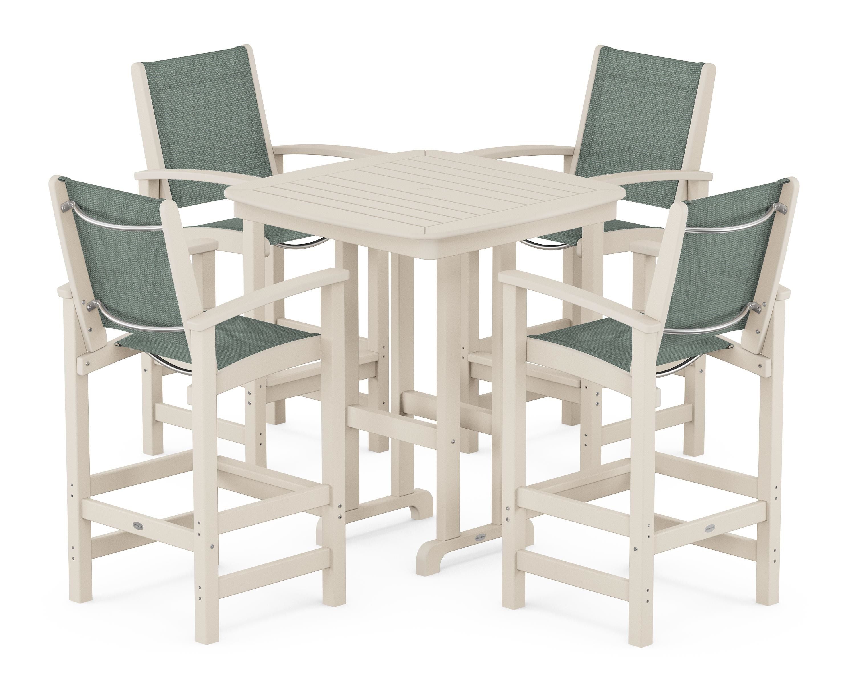 POLYWOOD Coastal 5-Piece Bar Set in Sand / Dupioni Sea Mist Sling
