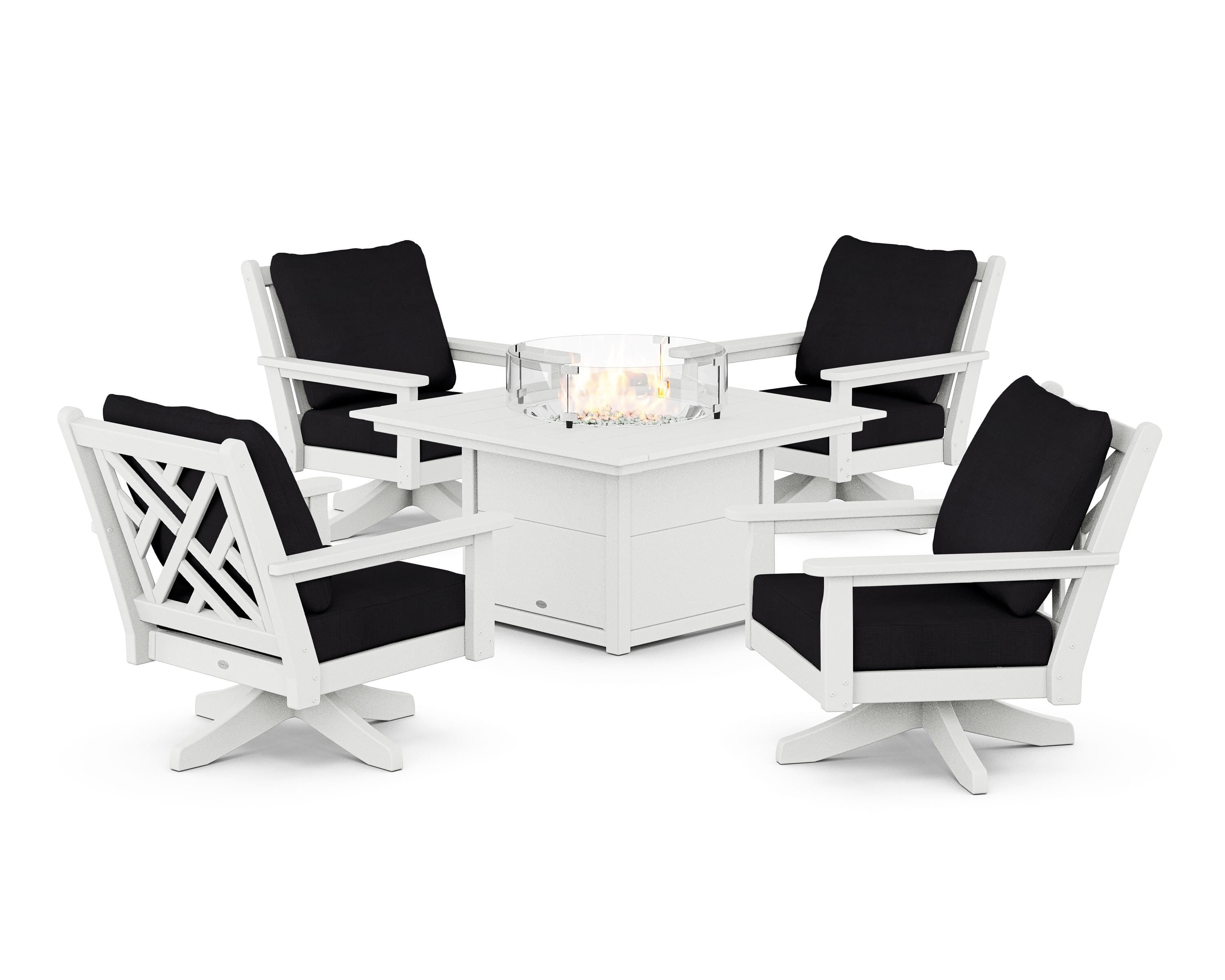 POLYWOOD Chippendale 5-Piece Deep Seating Swivel Conversation Set with Fire Pit Table in White / Midnight Linen