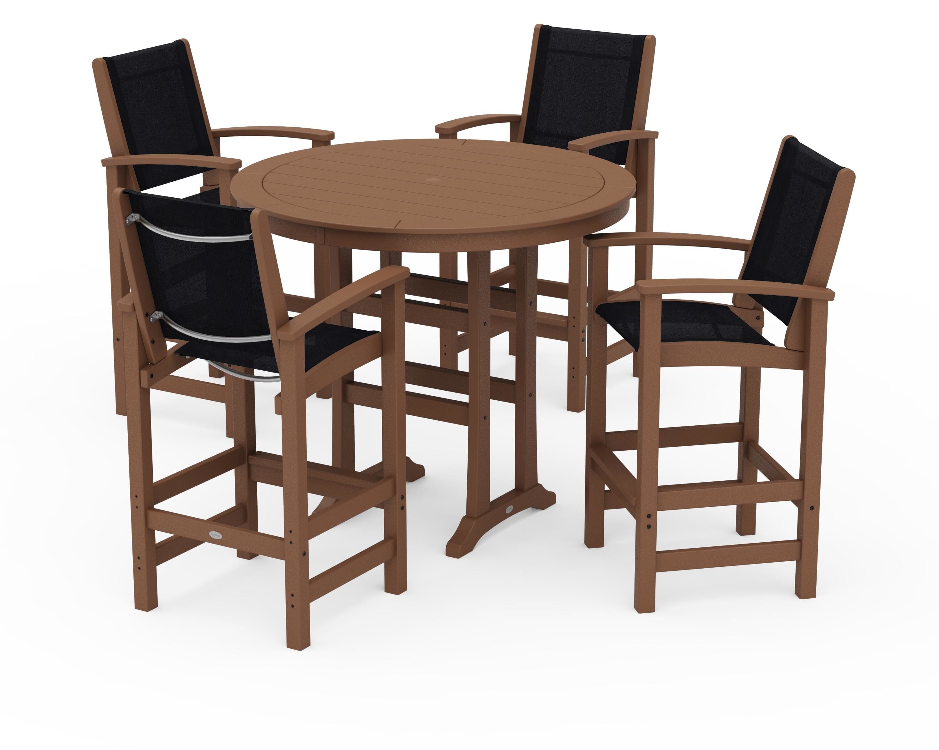 POLYWOOD Coastal 5-Piece Nautical Trestle Bar Set in Teak / Black Sling