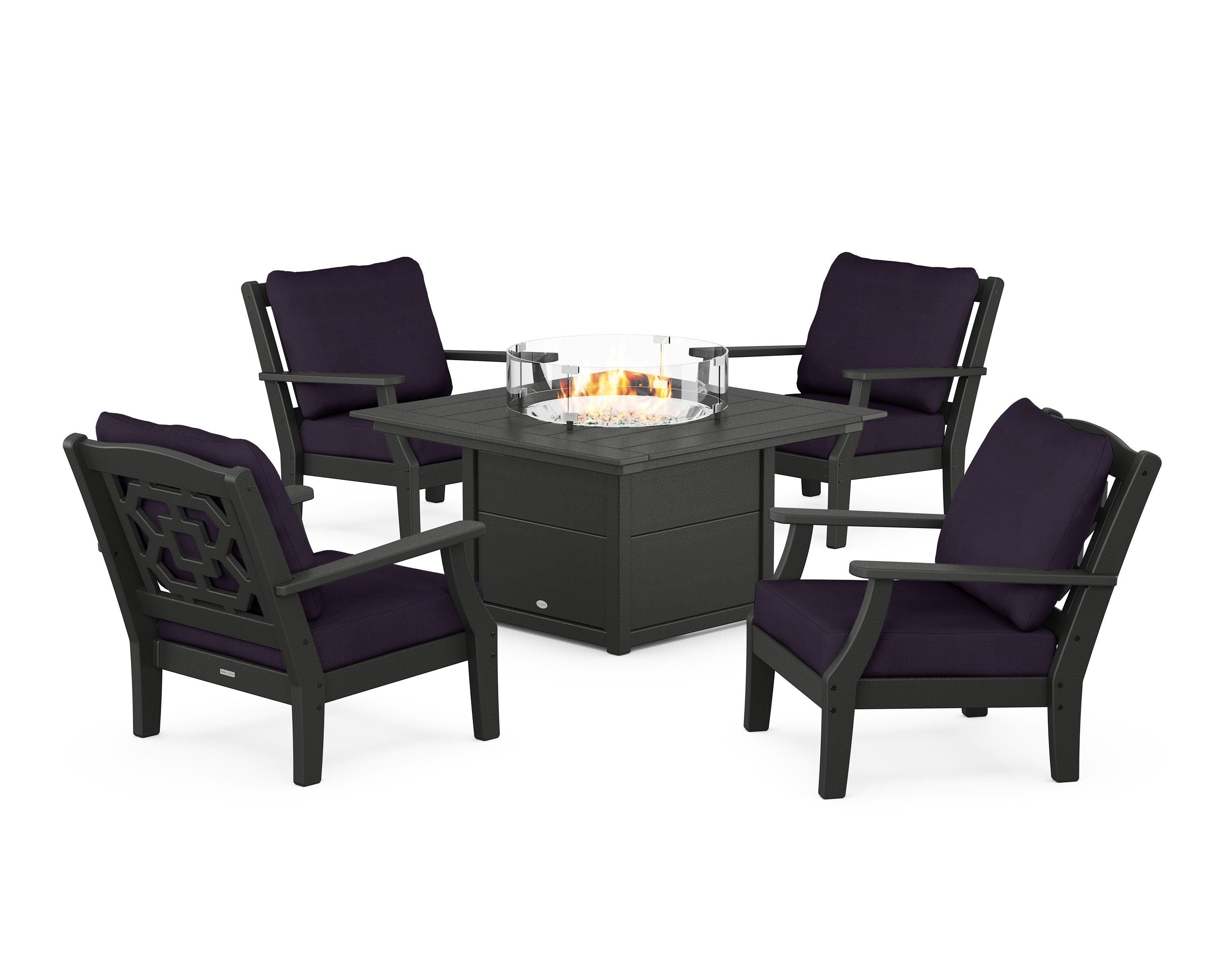 Martha Stewart by POLYWOOD Chinoiserie 5-Piece Deep Seating Set with Fire Pit Table in Black / Navy Linen