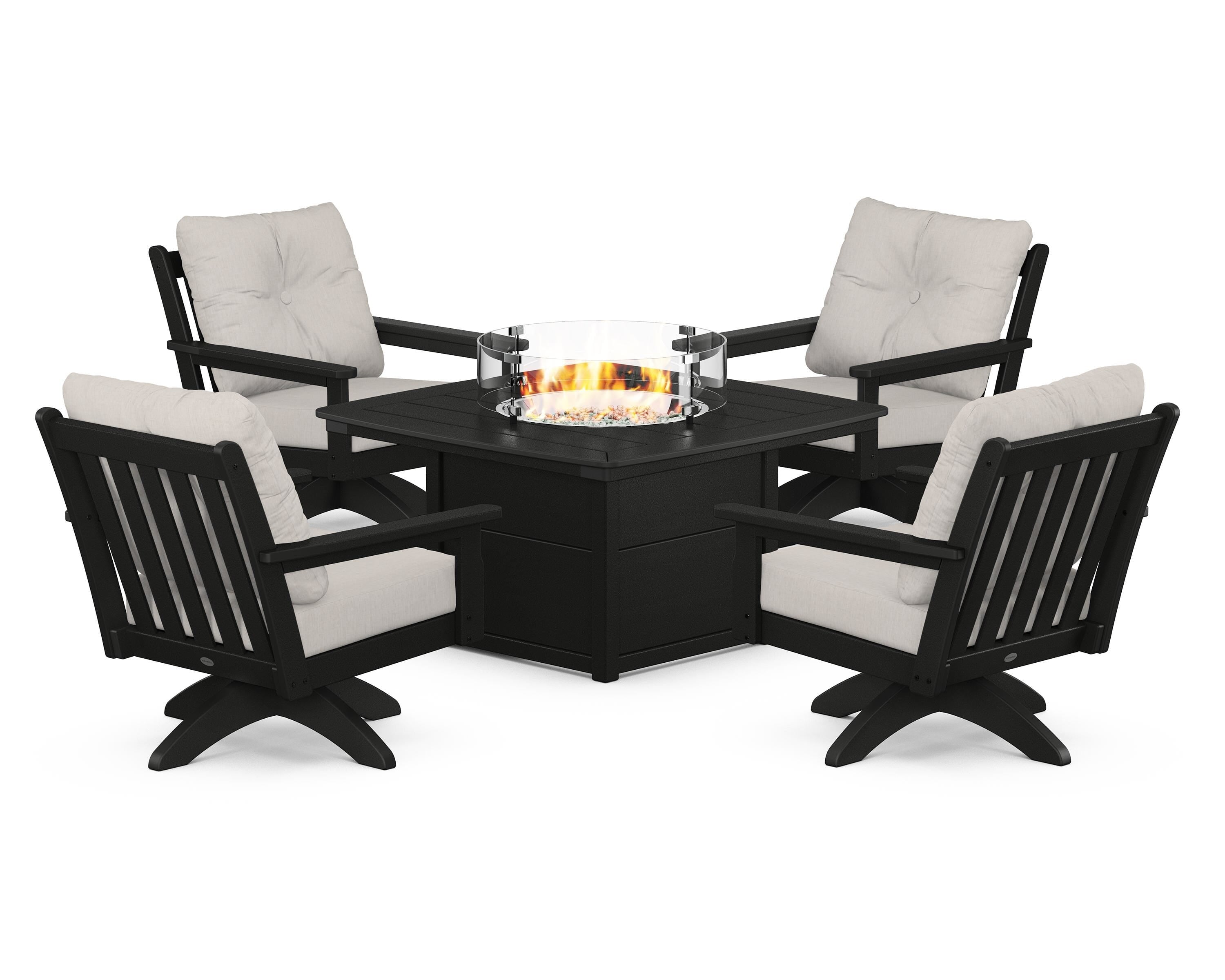 POLYWOOD Vineyard 5-Piece Deep Seating Swivel Conversation Set with Fire Pit Table in Black / Cast Ash
