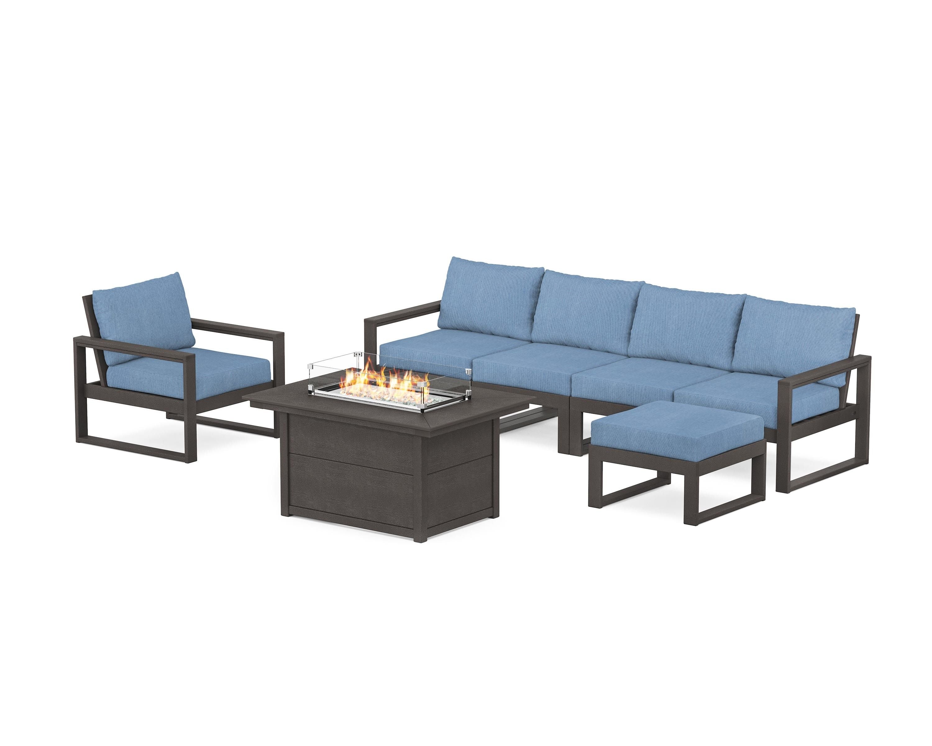 POLYWOOD EDGE Sectional Lounge and Fire Pit Set in Vintage Coffee / Sky Blue