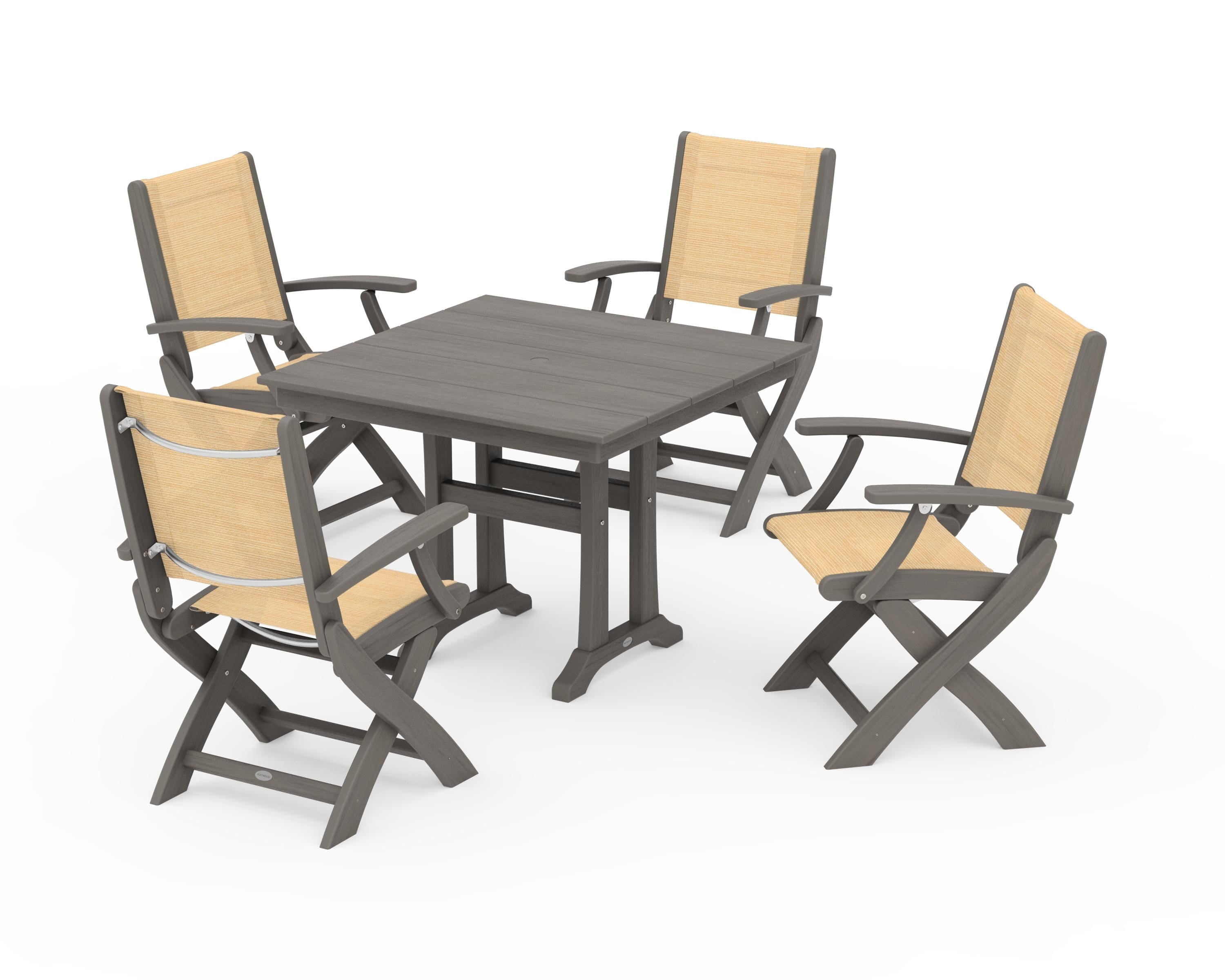 POLYWOOD Coastal Folding Chair 5-Piece Farmhouse Dining Set With Trestle Legs in Driftwood / Dupioni Apricot Sling