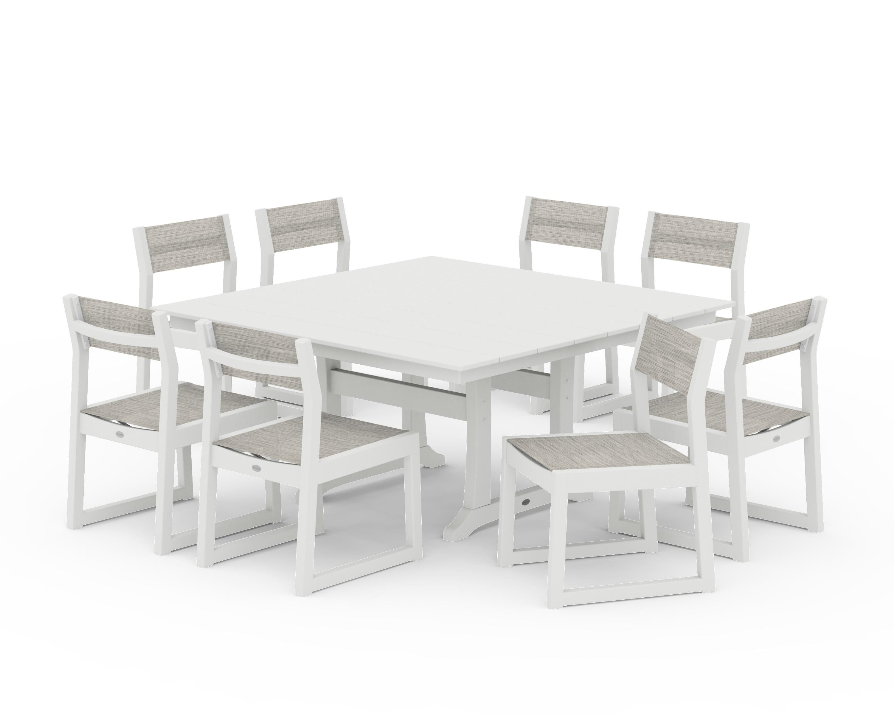 POLYWOOD EDGE Sling Side Chair 9-Piece Farmhouse Trestle Dining Set in Vintage White / Birch Sling