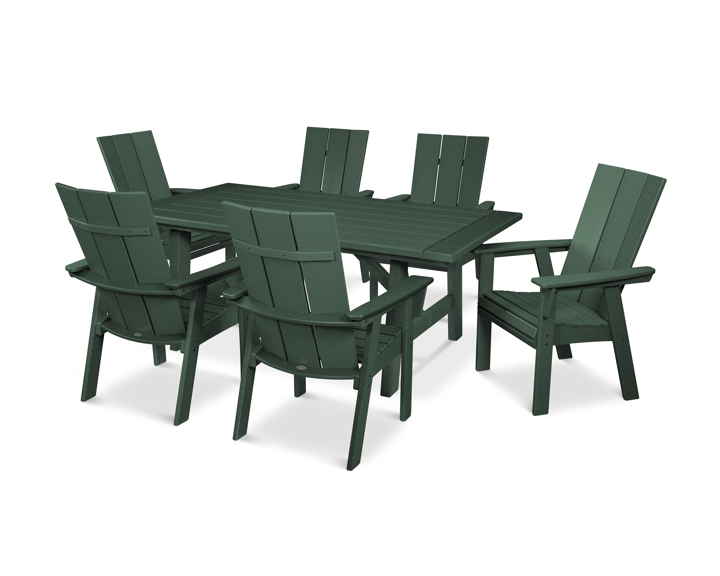 POLYWOOD® Modern Curveback Adirondack 7-Piece Rustic Farmhouse Dining Set in Green