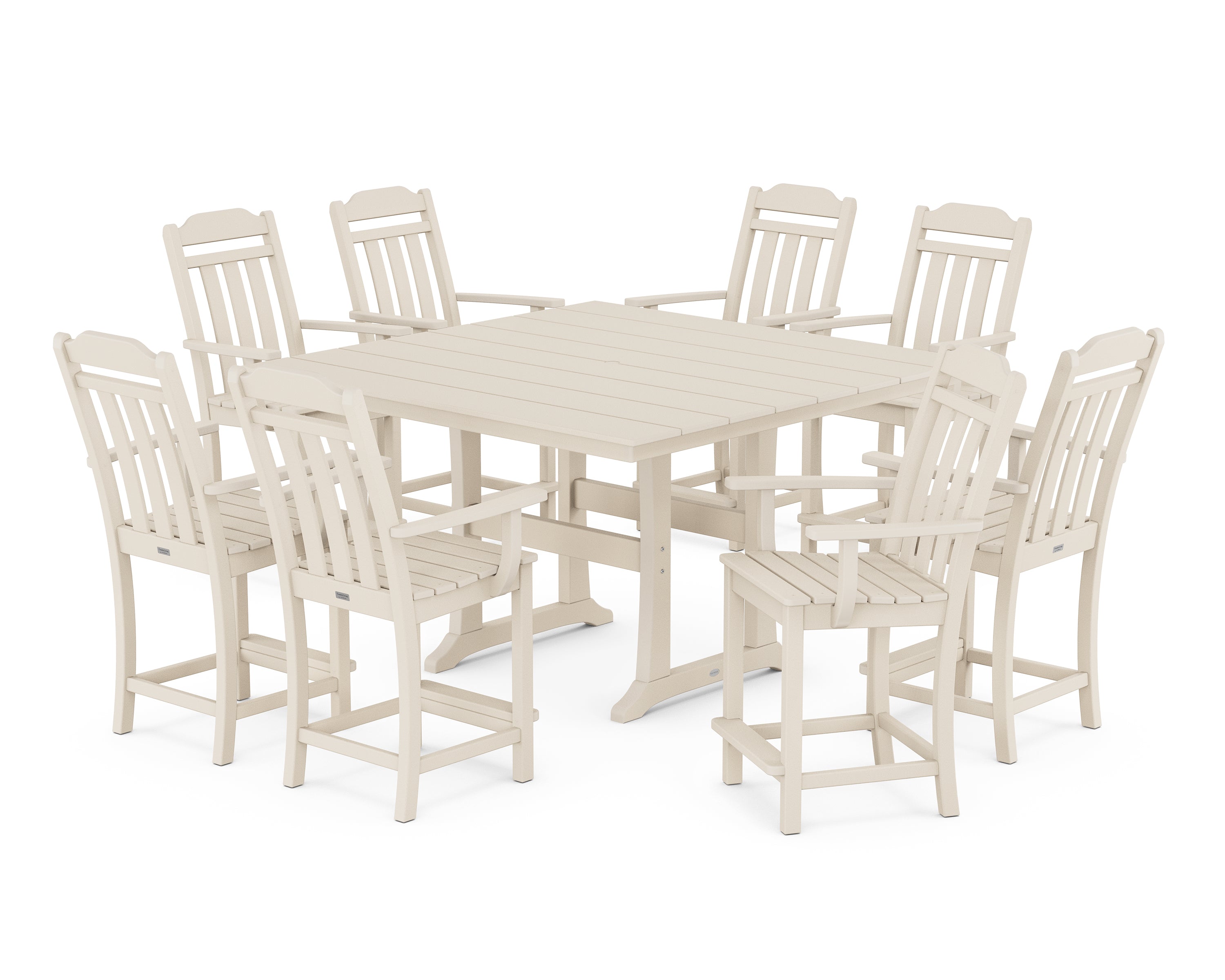 POLYWOOD Country Living 9-Piece Square Farmhouse Counter Set with Trestle Legs in Sand