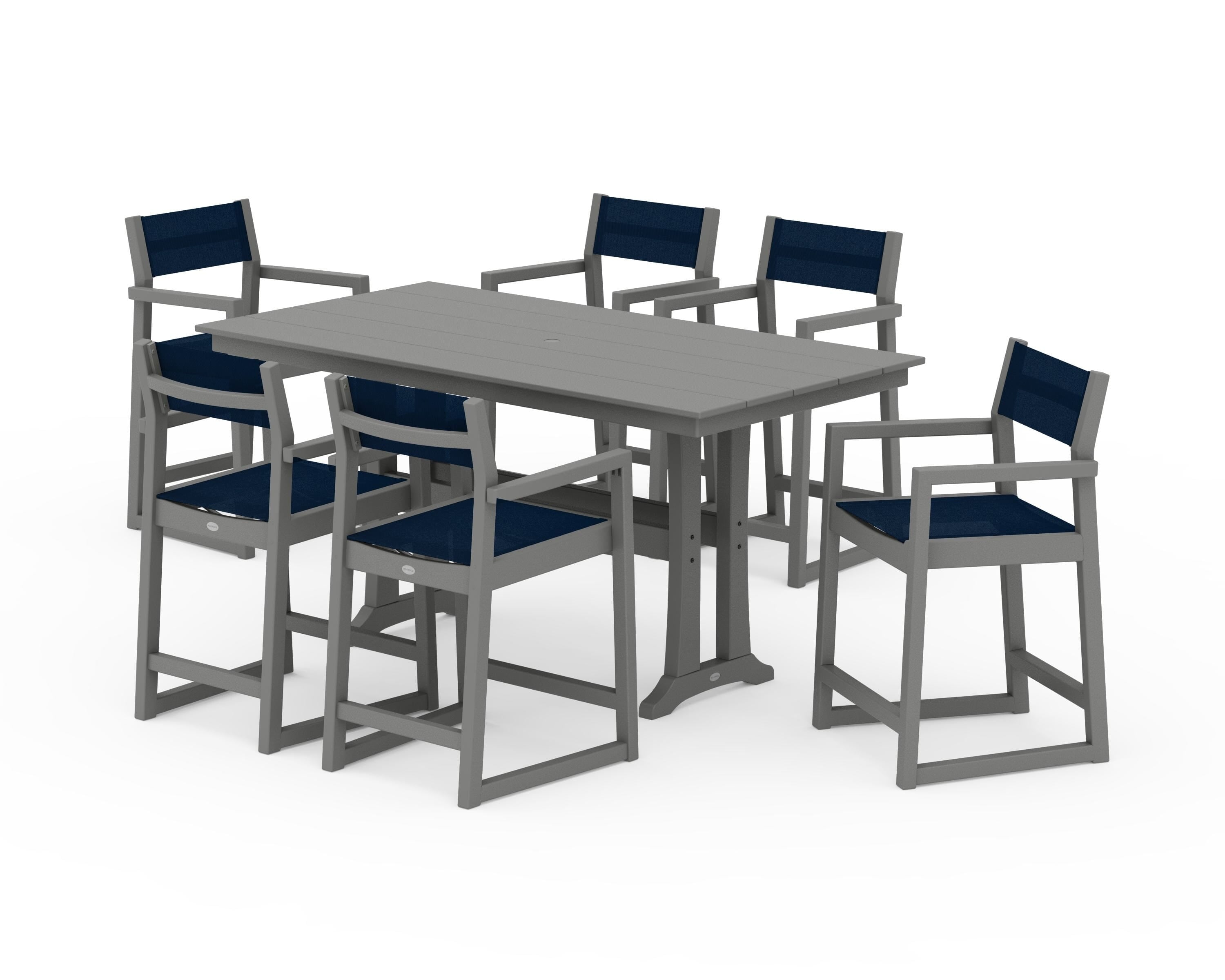 POLYWOOD EDGE Sling Arm Chair 7-Piece Farmhouse Counter Set with Trestle Legs in Slate Grey / Navy Blue Sling