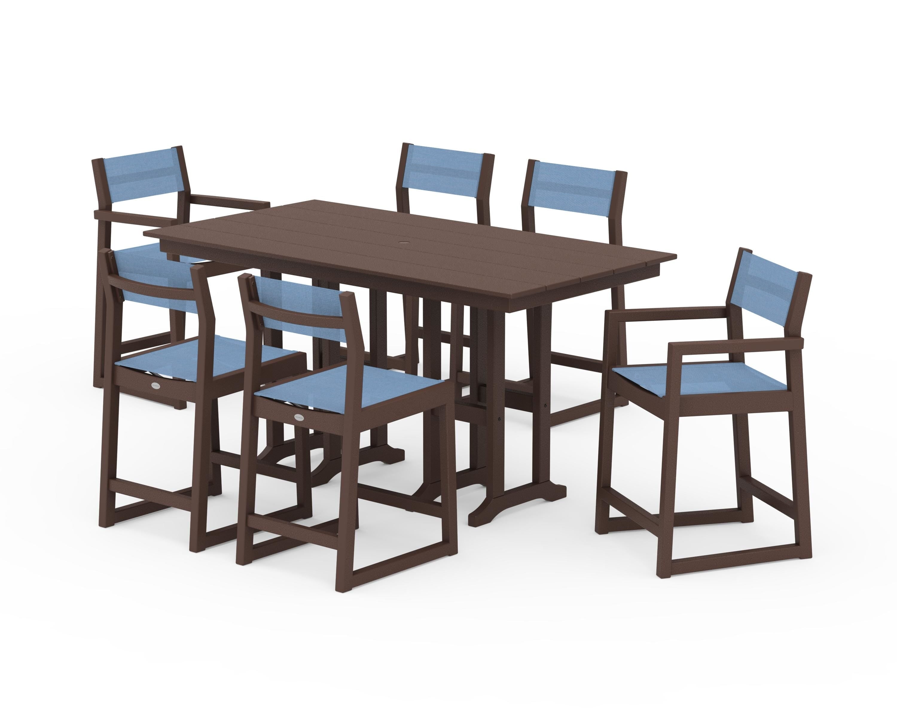 POLYWOOD EDGE Sling 7-Piece Farmhouse Counter Set in Mahogany / Poolside Sling