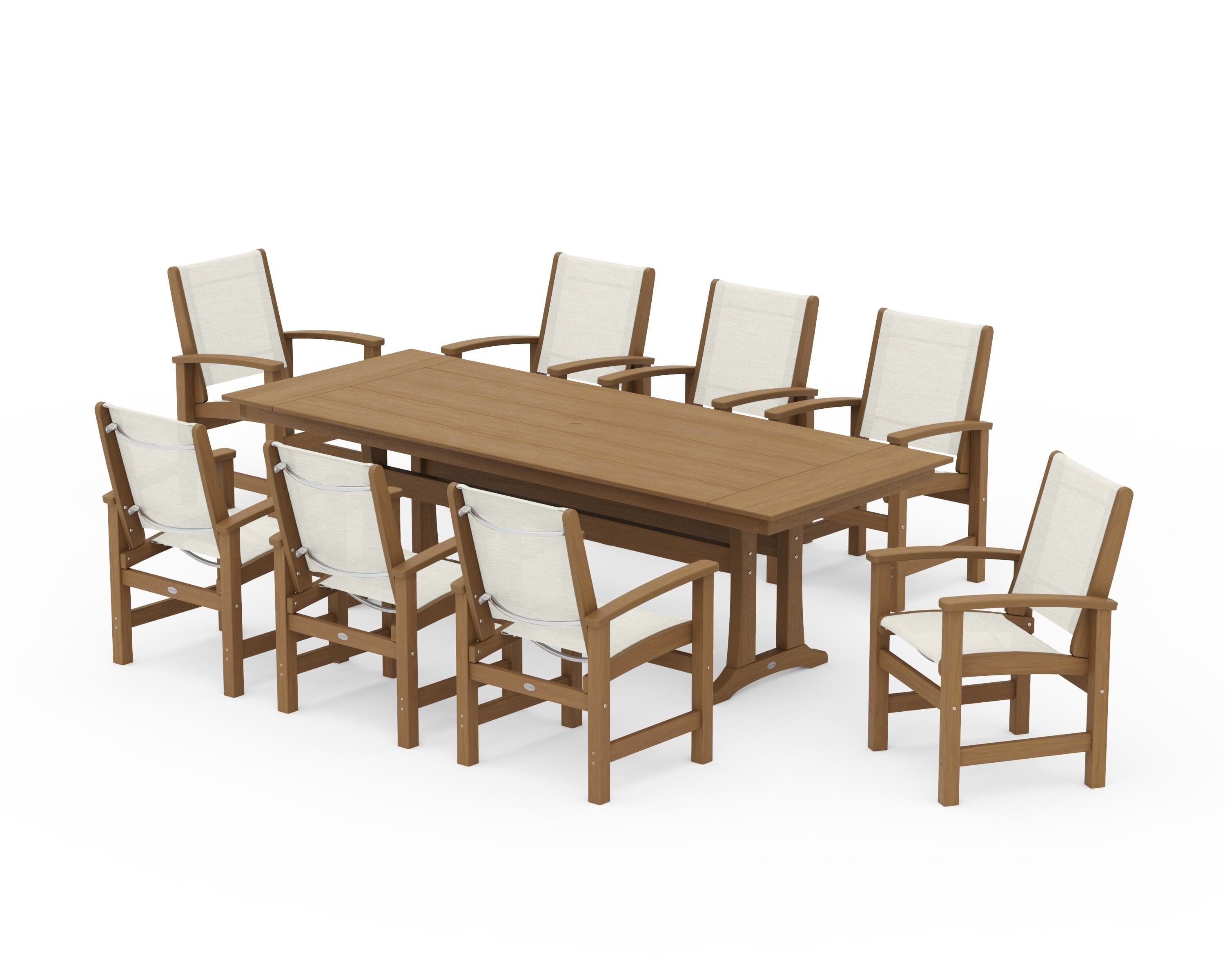 POLYWOOD Coastal 9-Piece Farmhouse Dining Set with Trestle Legs in Natural / Parchment Sling