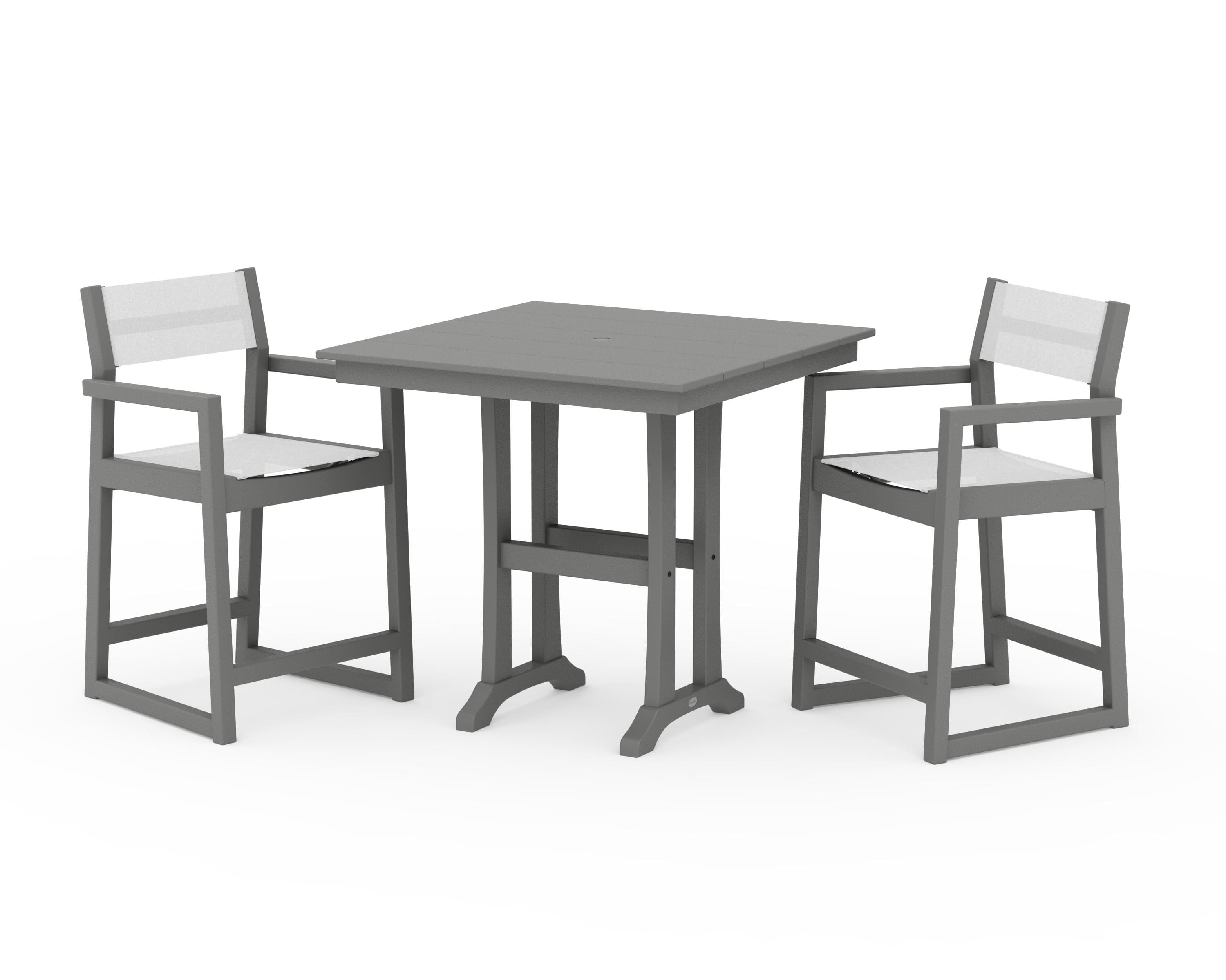 POLYWOOD EDGE Sling Arm Chair 3-Piece Farmhouse Counter Set with Trestle Legs in Slate Grey / White Sling