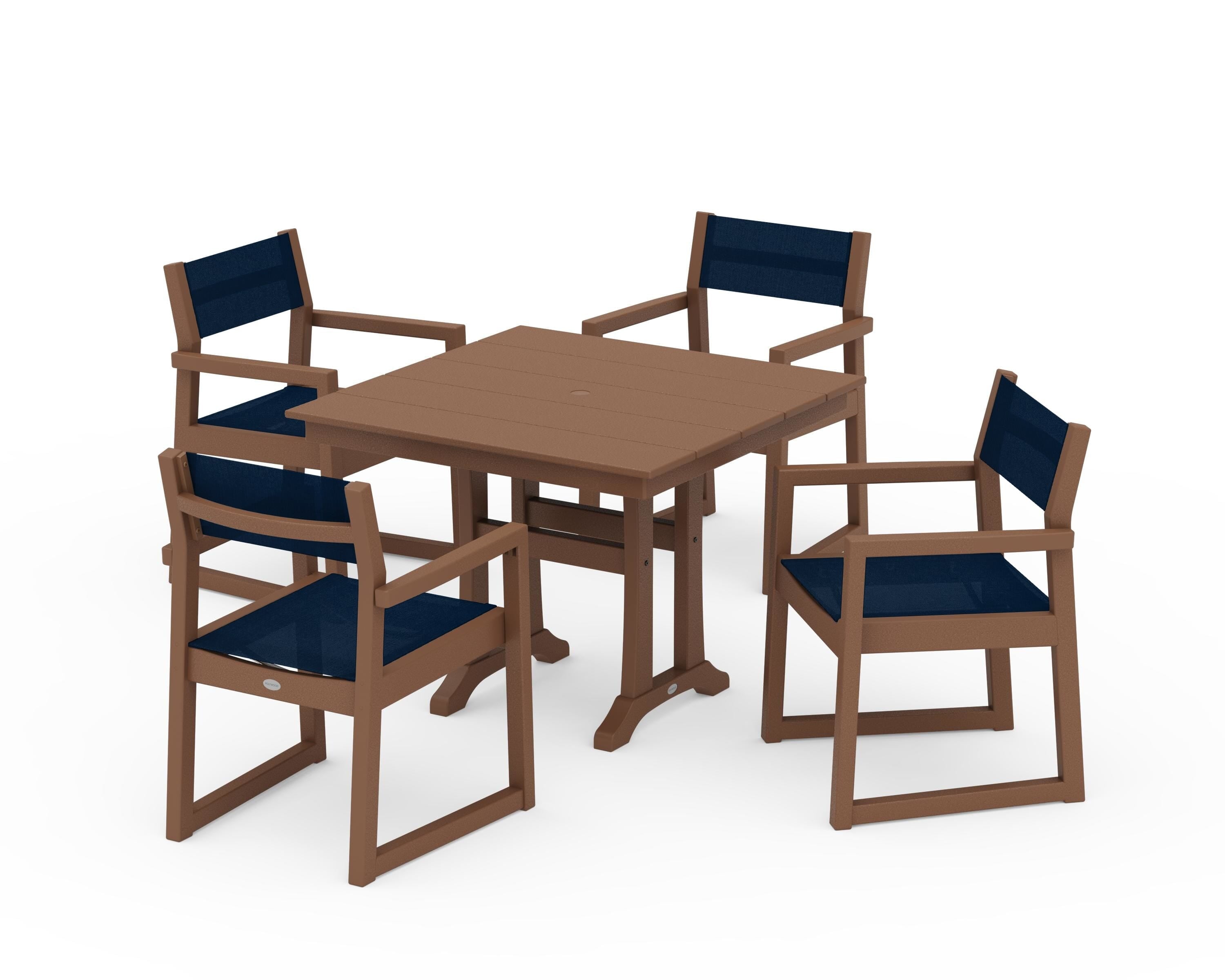 POLYWOOD EDGE Sling 5-Piece Farmhouse Dining Set with Trestle Legs in Teak / Navy Blue Sling