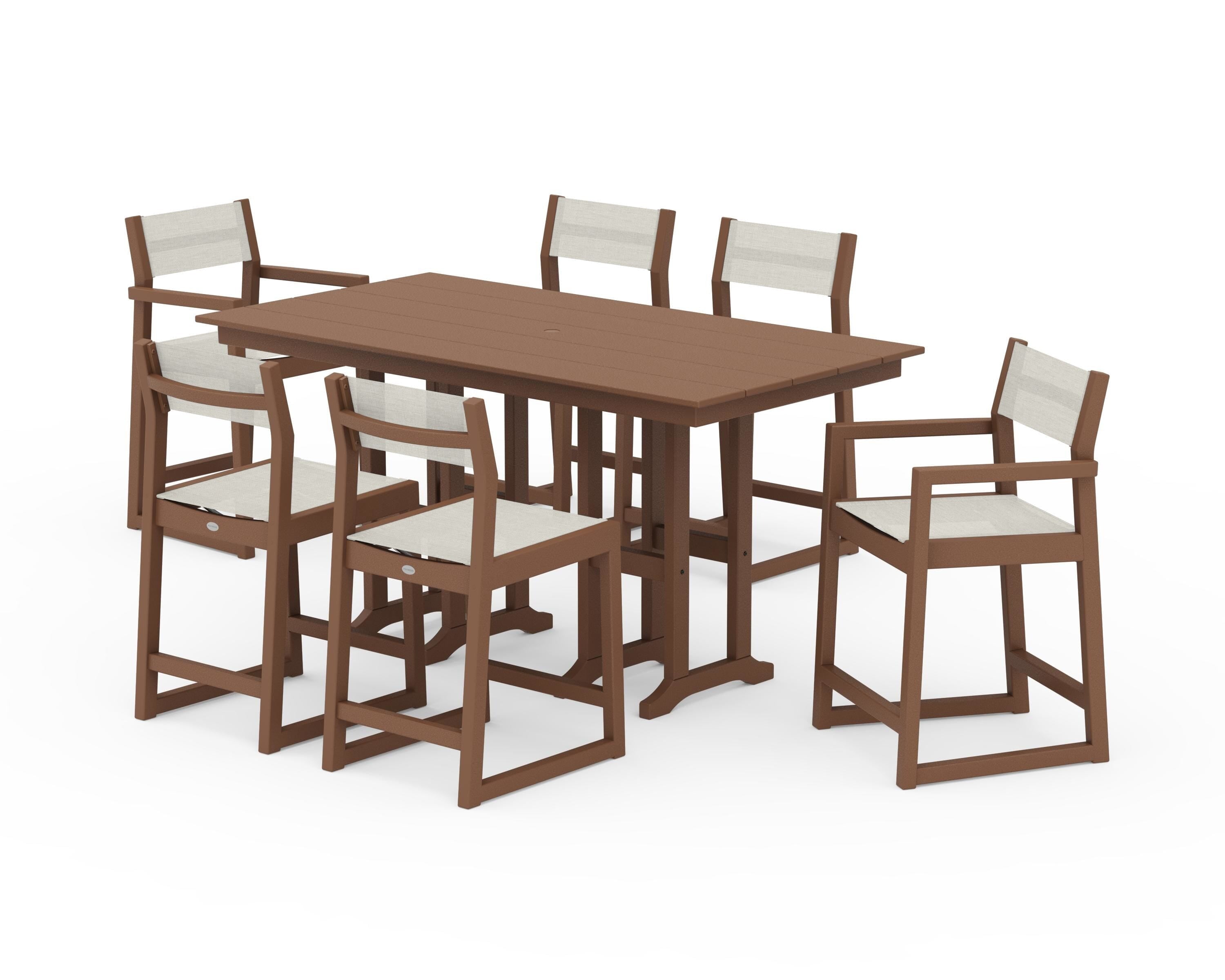 POLYWOOD EDGE Sling 7-Piece Farmhouse Counter Set in Teak / Parchment Sling