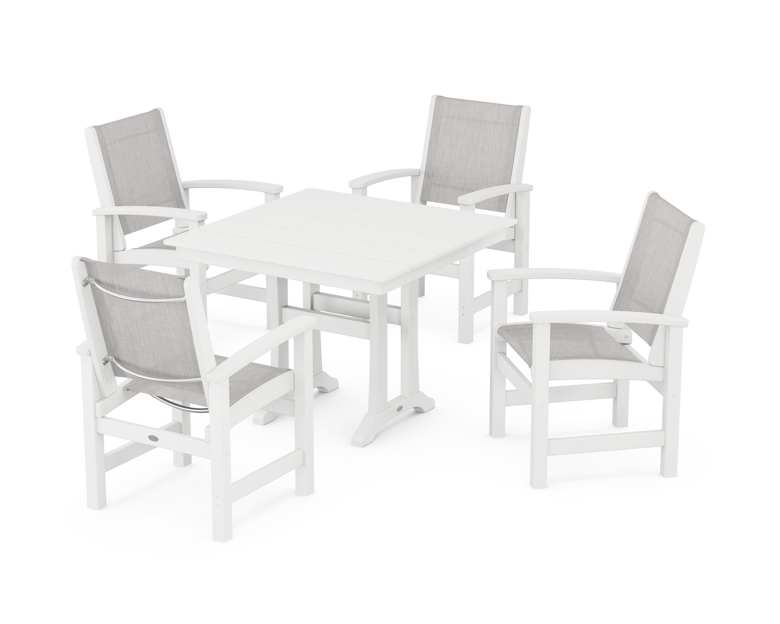 POLYWOOD Coastal 5-Piece Farmhouse Dining Set With Trestle Legs in White / Parchment Sling