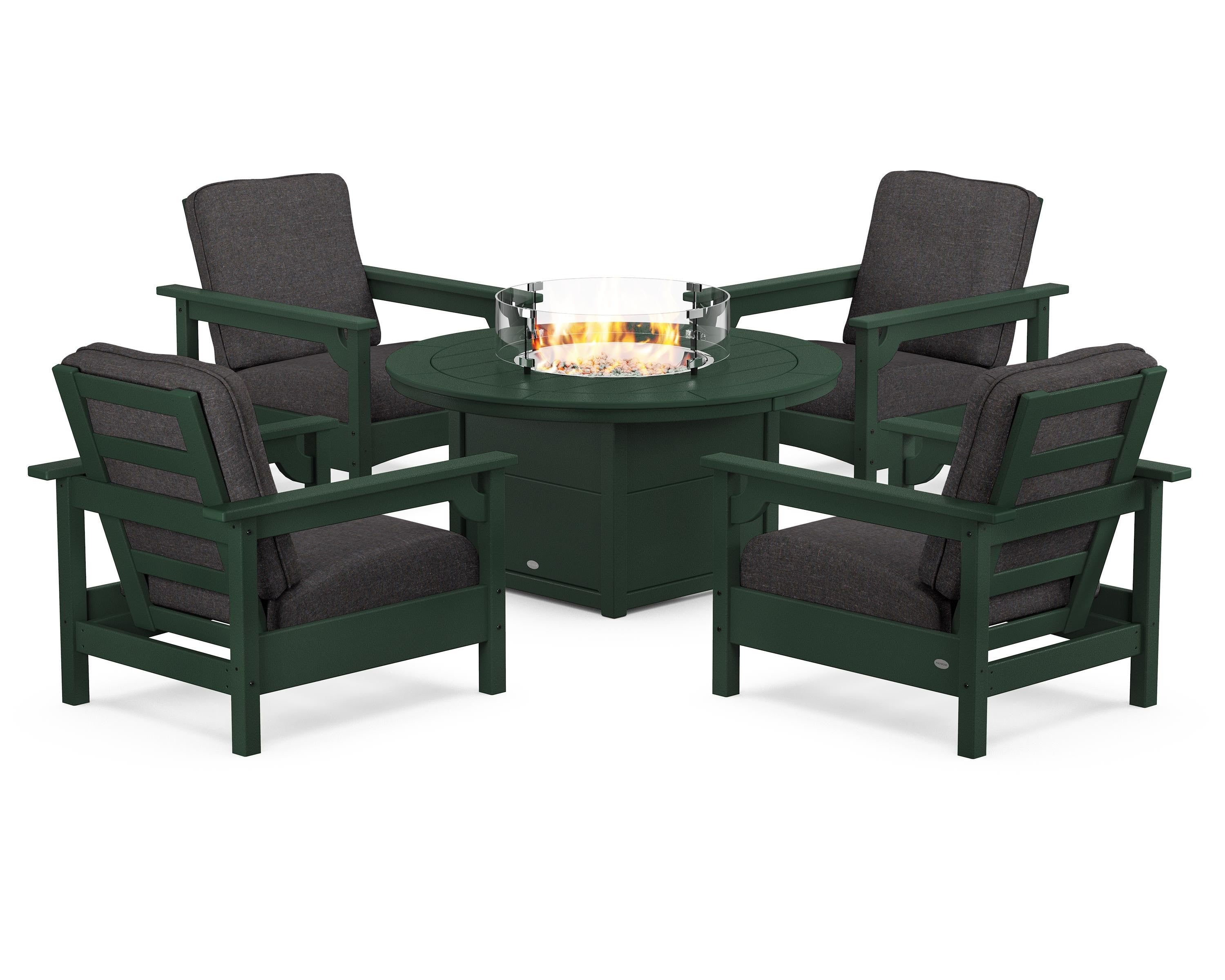 POLYWOOD Club 5-Piece Conversation Set with Fire Pit Table in Green / Ash Charcoal