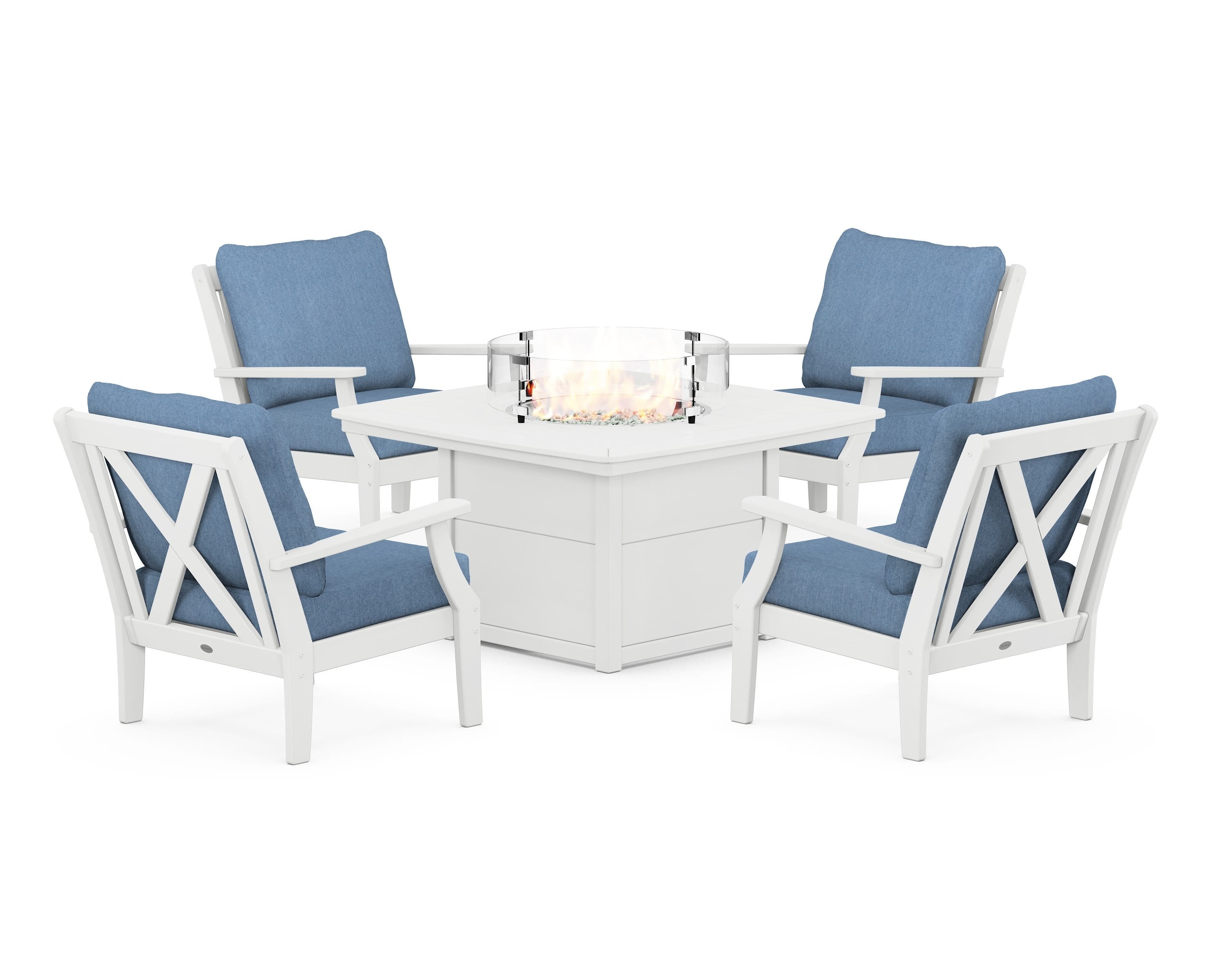 POLYWOOD Braxton 5-Piece Deep Seating Conversation Set with Fire Pit Table in White / Sky Blue