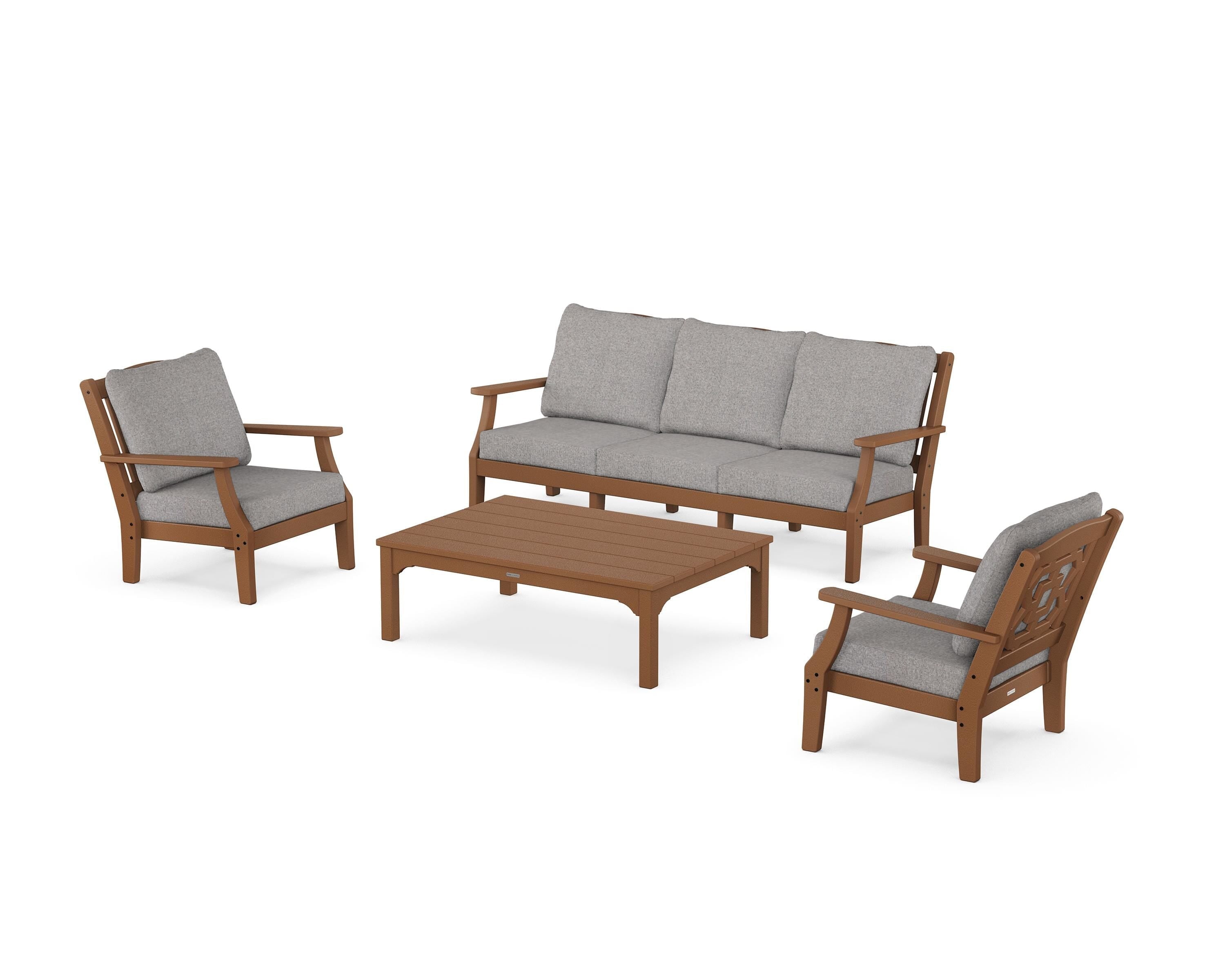Martha Stewart by POLYWOOD Chinoiserie 4-Piece Deep Seating Set with Sofa in Teak / Grey Mist