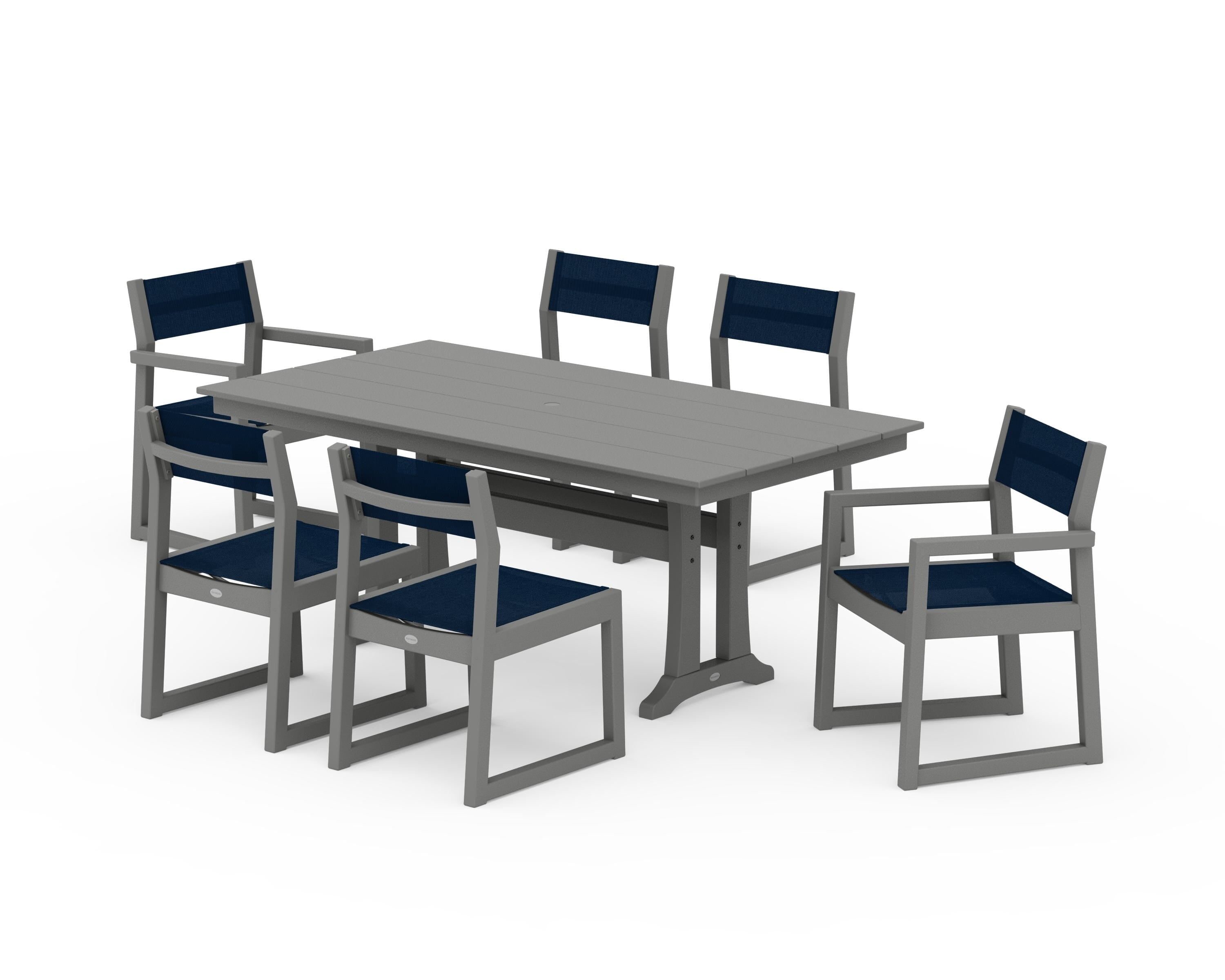 POLYWOOD EDGE Sling 7-Piece Farmhouse Trestle Dining Set in Slate Grey / Navy Blue Sling