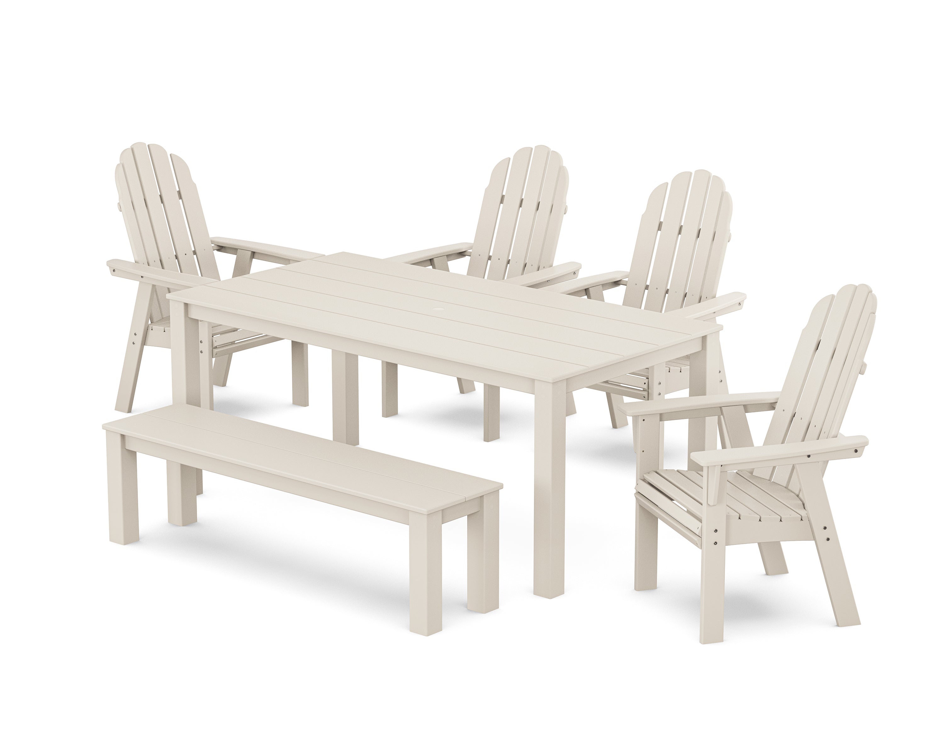 POLYWOOD® Vineyard Curveback Adirondack 6-Piece Parsons Dining Set with Bench in Sand