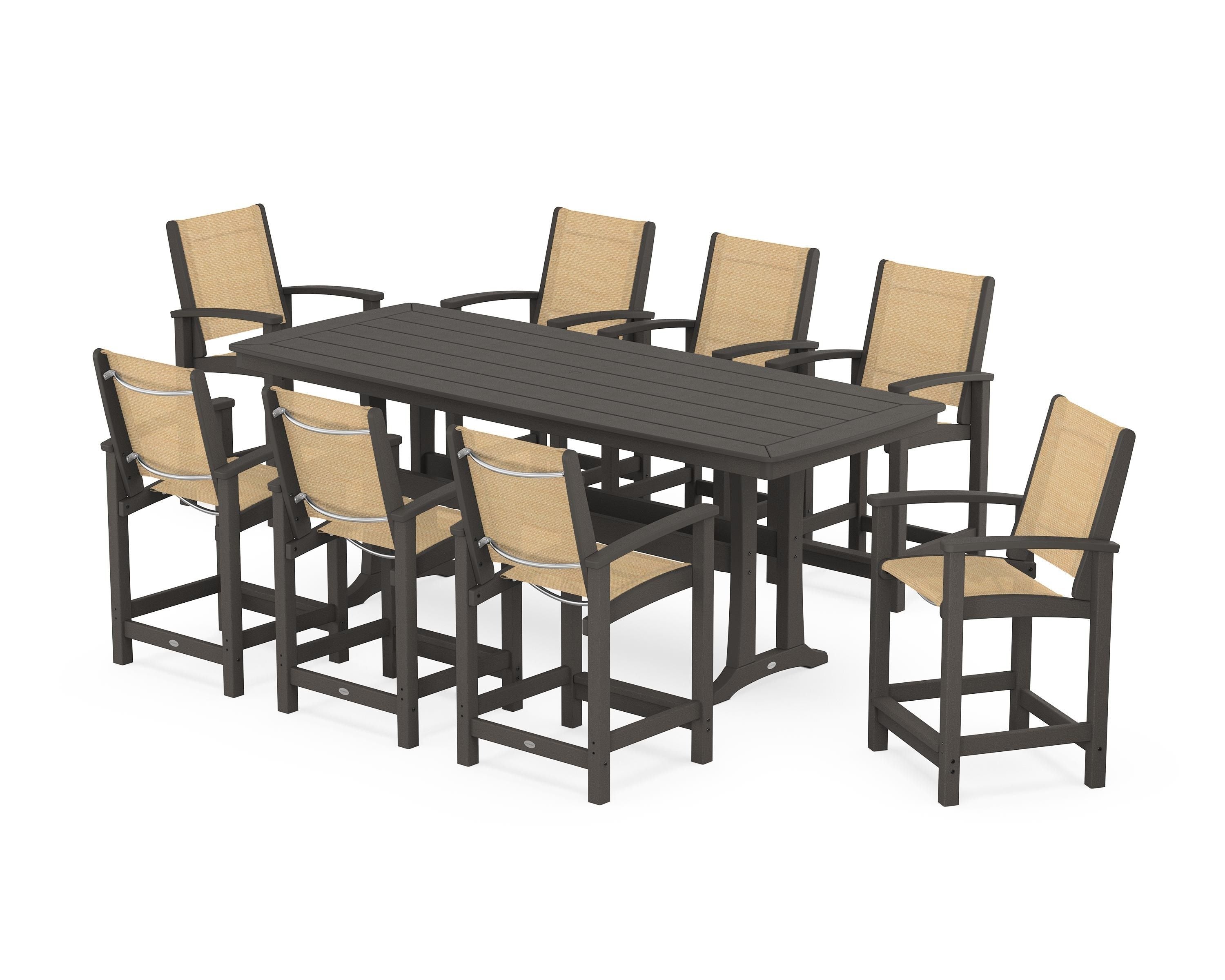 POLYWOOD Coastal 9-Piece Counter Set with Trestle Legs in Vintage Coffee / Dupioni Apricot Sling
