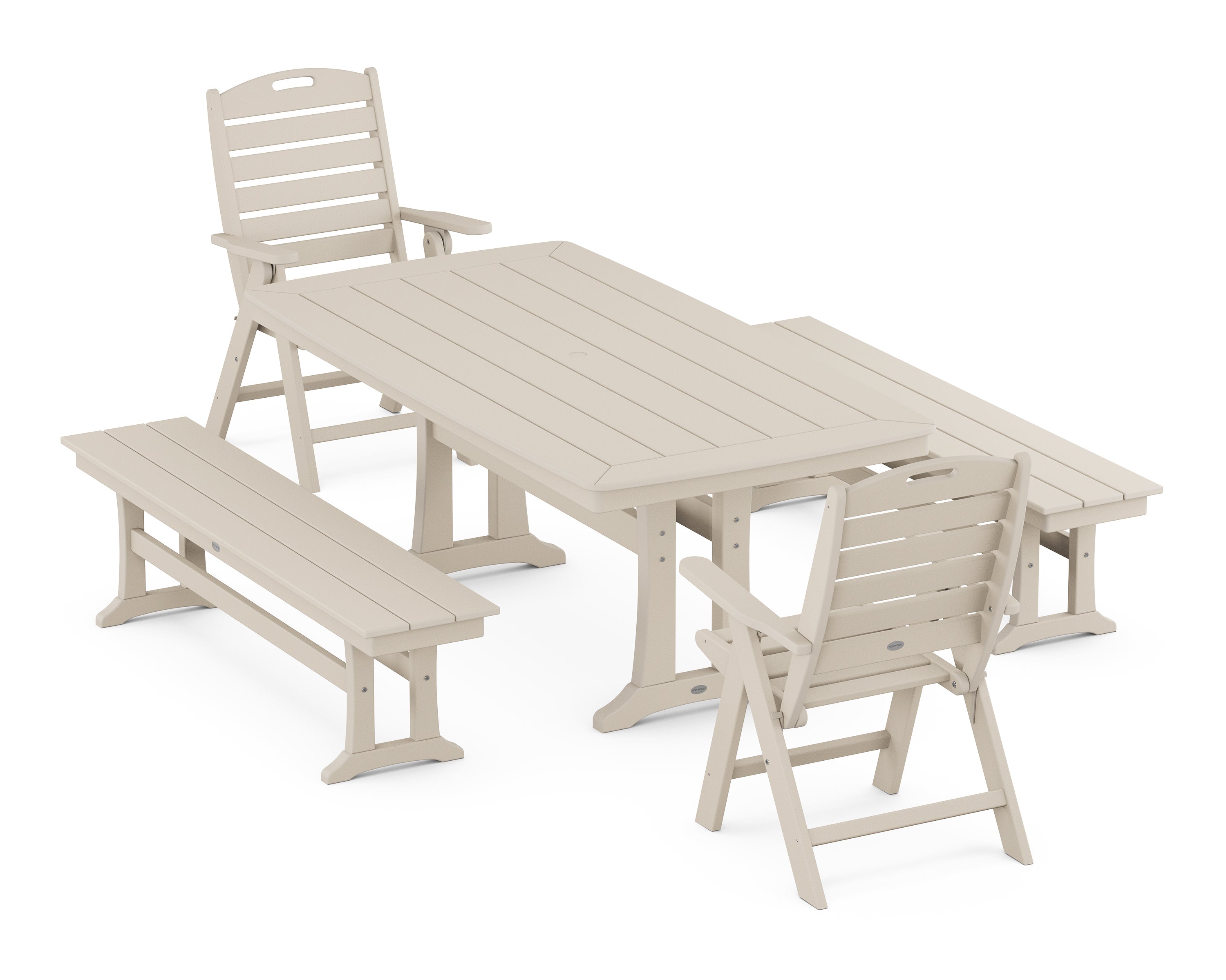 POLYWOOD Nautical Folding Highback Chair 5-Piece Dining Set with Trestle Legs and Benches in Sand