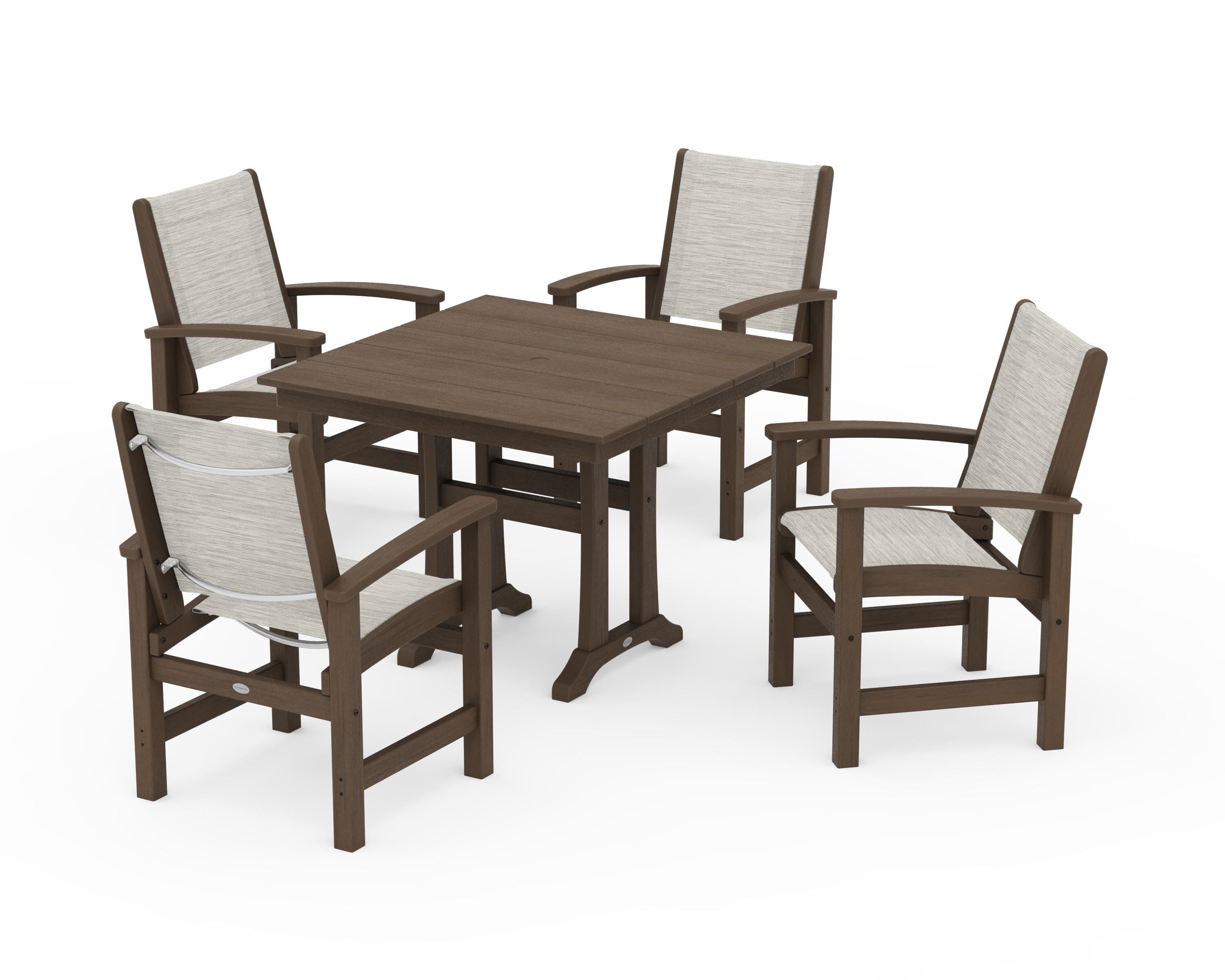 POLYWOOD Coastal 5-Piece Farmhouse Dining Set With Trestle Legs in Kona / Birch Sling