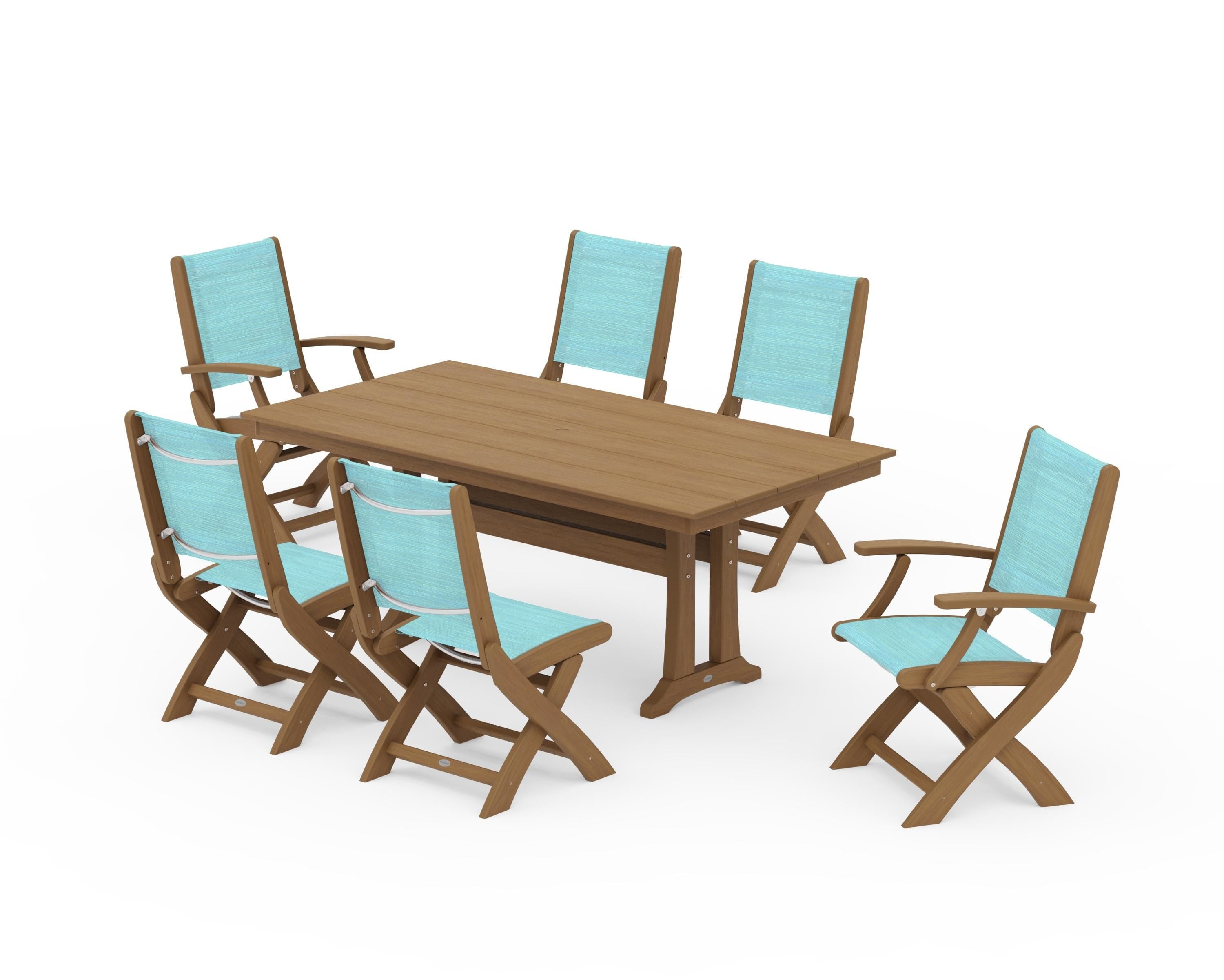 POLYWOOD Coastal Folding Chair 7-Piece Farmhouse Dining Set with Trestle Legs in Natural / Dupioni Aquamarine Sling