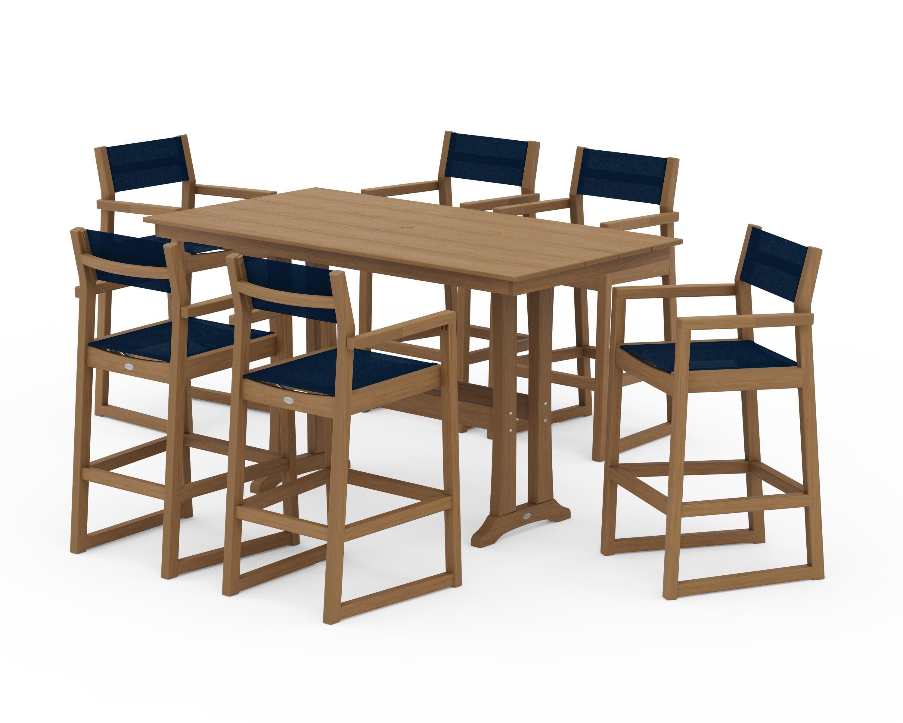 POLYWOOD EDGE Sling Arm Chair 7-Piece Farmhouse Bar Set with Trestle Legs in Natural / Navy Blue Sling