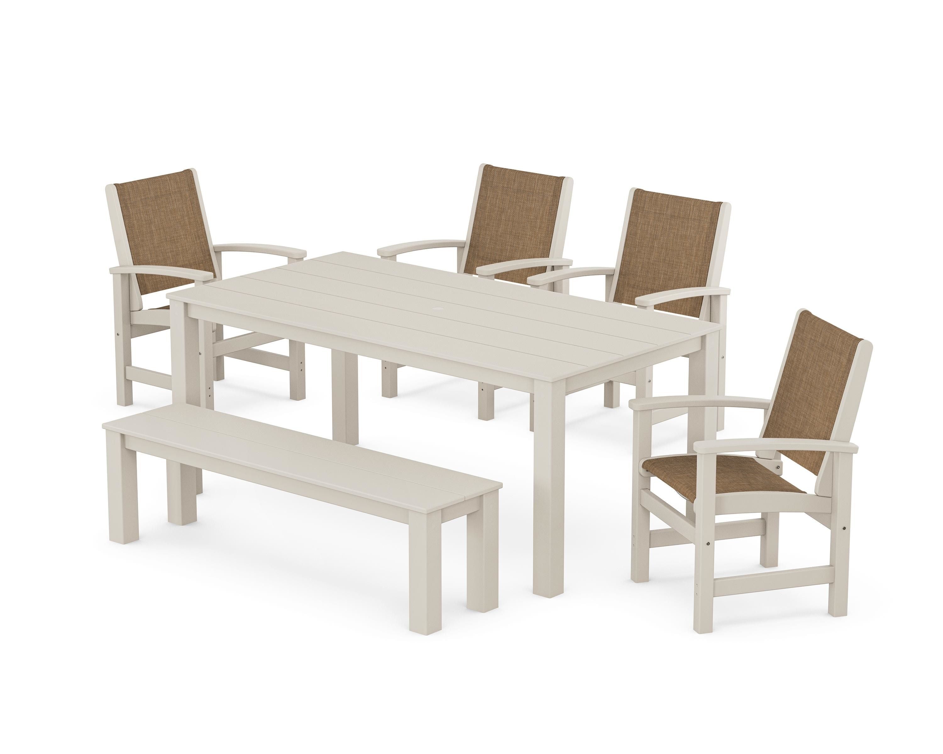POLYWOOD Coastal 6-Piece Parsons Dining Set with Bench in Sand / Burlap Sling