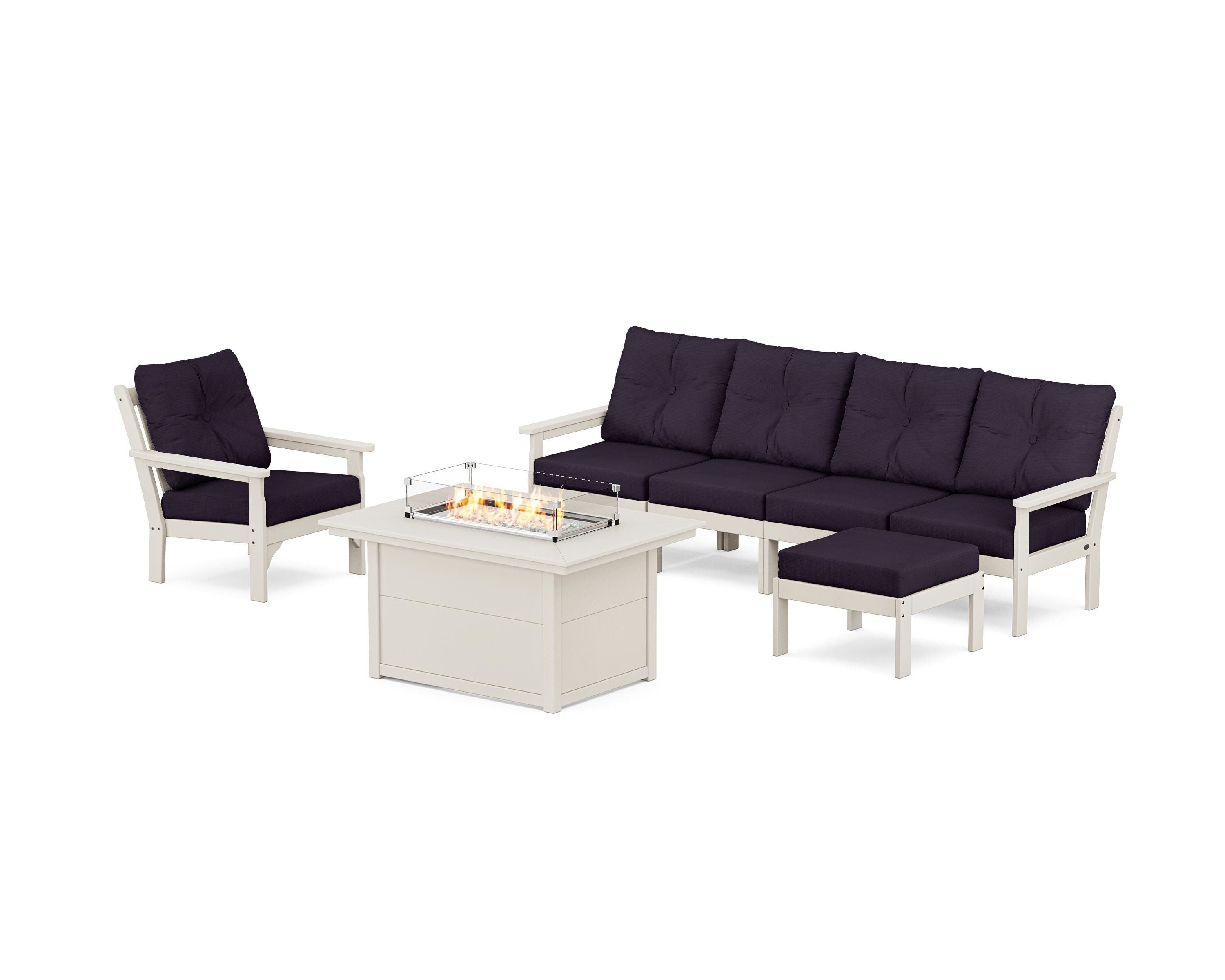 POLYWOOD Vineyard Sectional Lounge and Fire Pit Set in Sand / Navy Linen