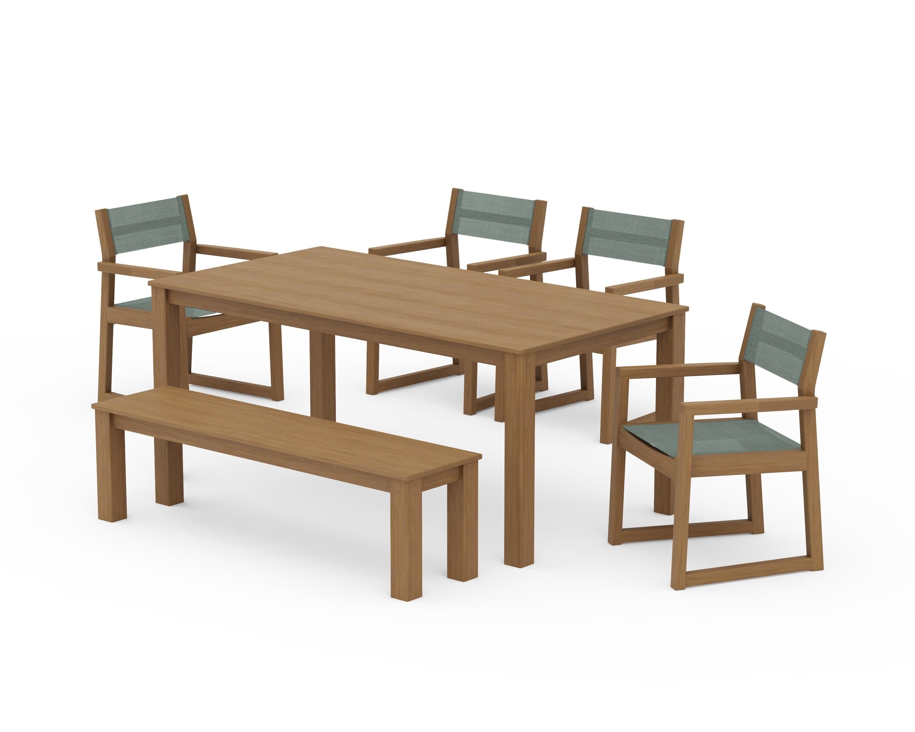 POLYWOOD EDGE Sling Arm Chair 6-Piece Parsons Dining Set with Bench in Natural / Dupioni Sea Mist Sling