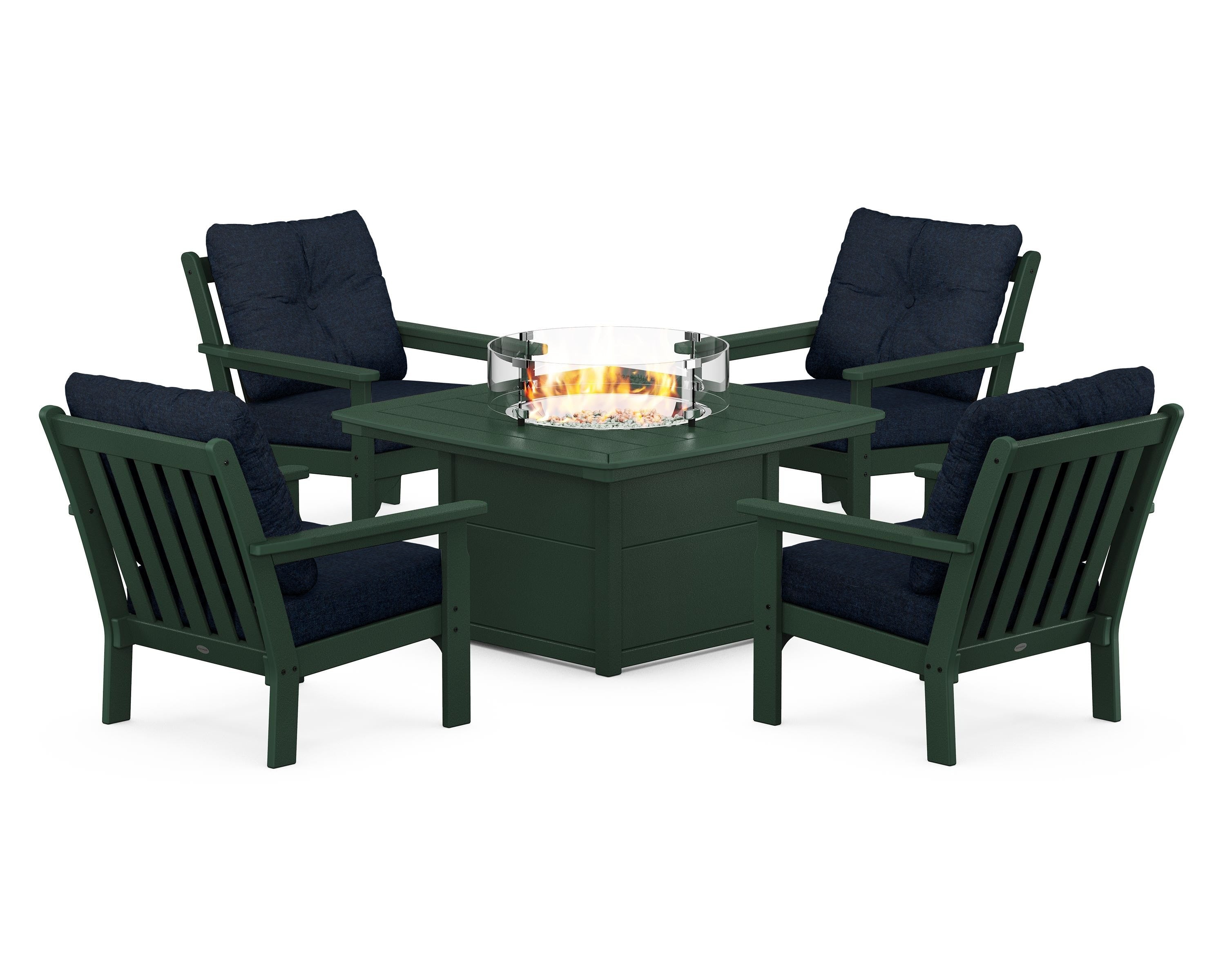 POLYWOOD Vineyard 5-Piece Conversation Set with Fire Pit Table in Green / Marine Indigo