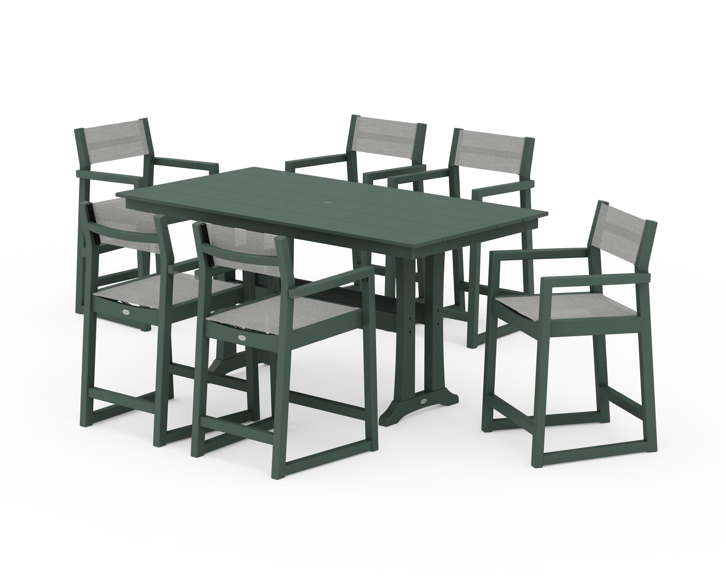 POLYWOOD EDGE Sling Arm Chair 7-Piece Farmhouse Counter Set with Trestle Legs in Green / Metallic Sling