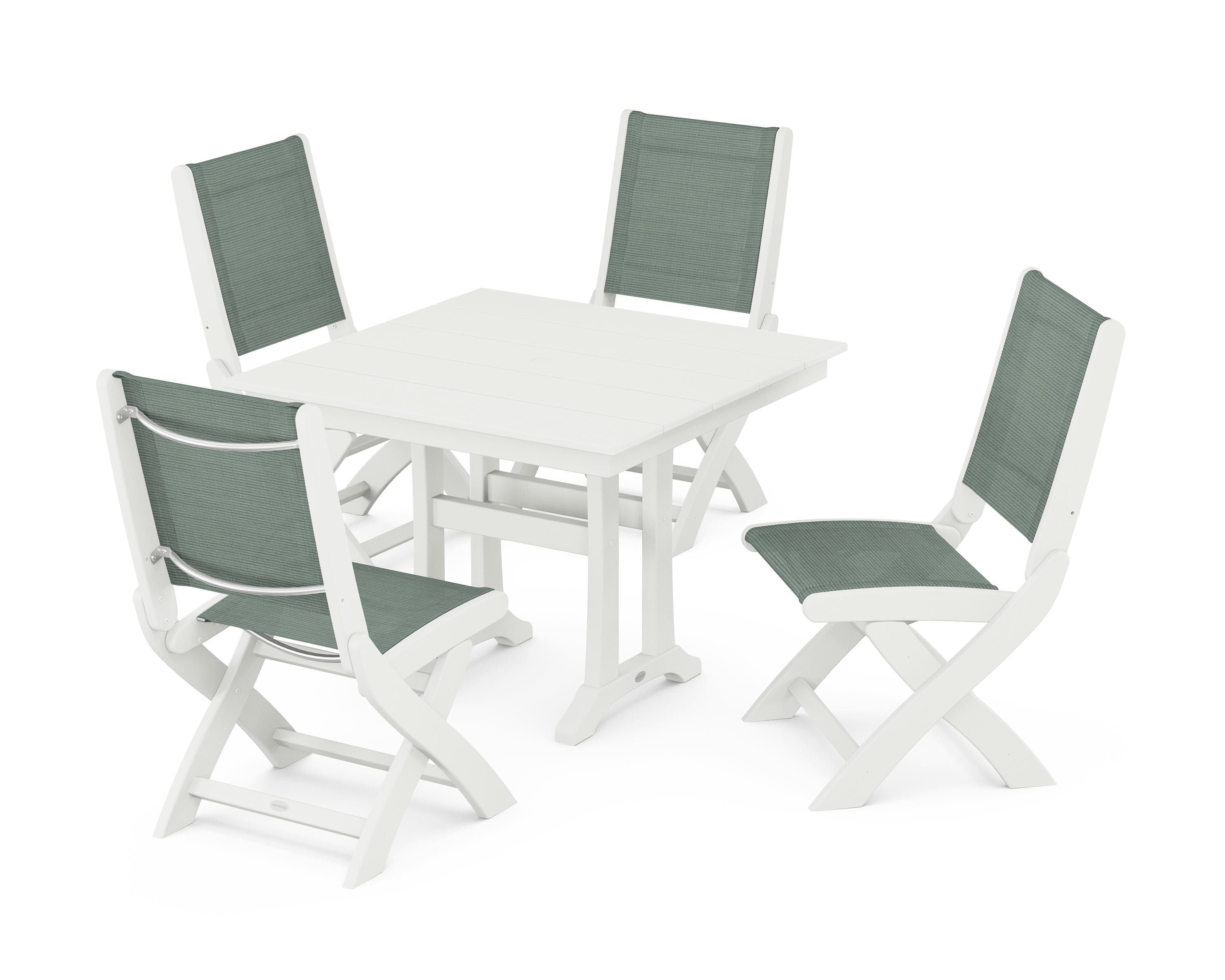 POLYWOOD Coastal Folding Side Chair 5-Piece Farmhouse Dining Set With Trestle Legs in Vintage White / Dupioni Sea Mist Sling