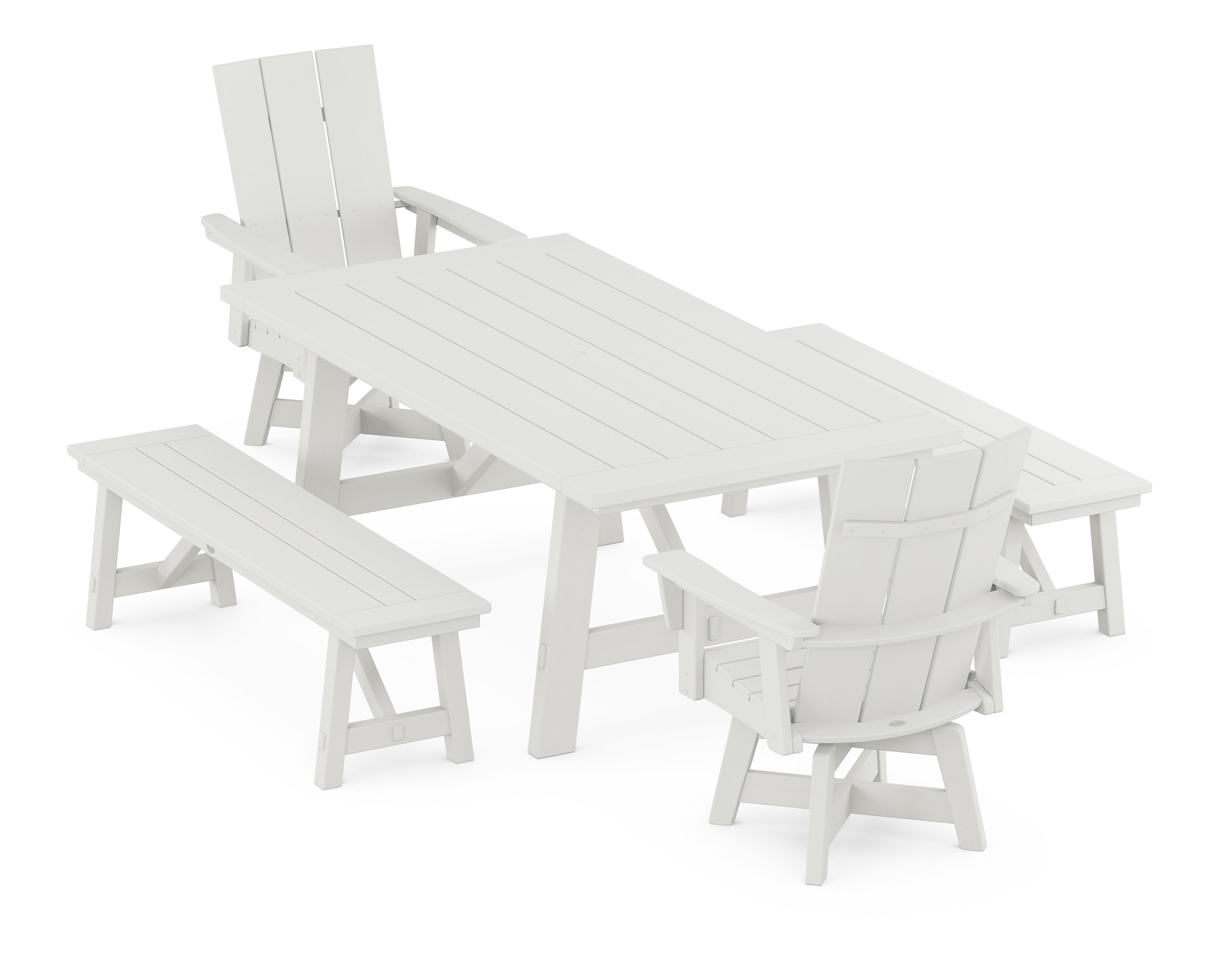 POLYWOOD® Modern Curveback Adirondack Swivel Chair 5-Piece Rustic Farmhouse Dining Set With Benches in Vintage White