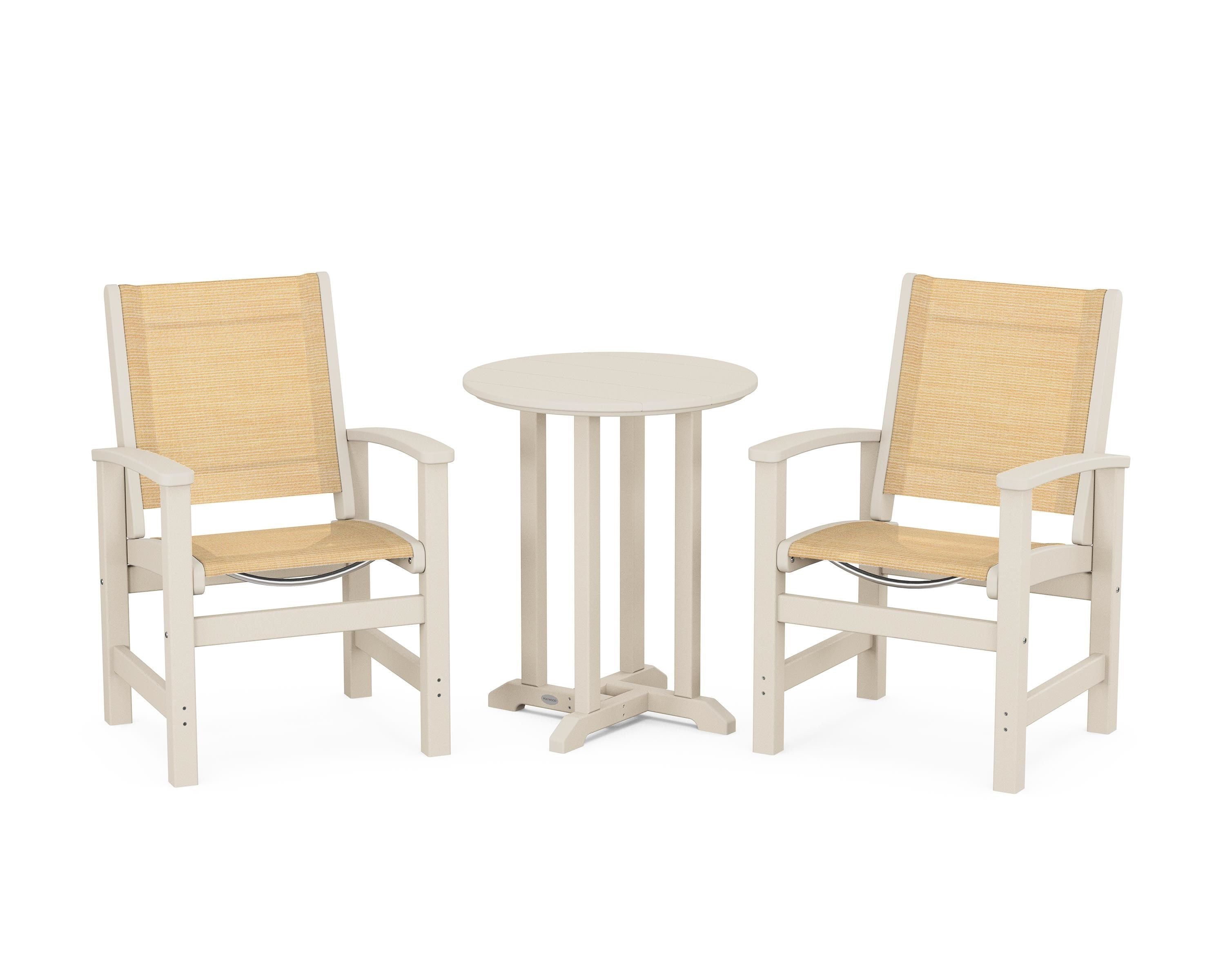 POLYWOOD Coastal 3-Piece Round Bistro Dining Set in Sand / Dupioni Apricot Sling