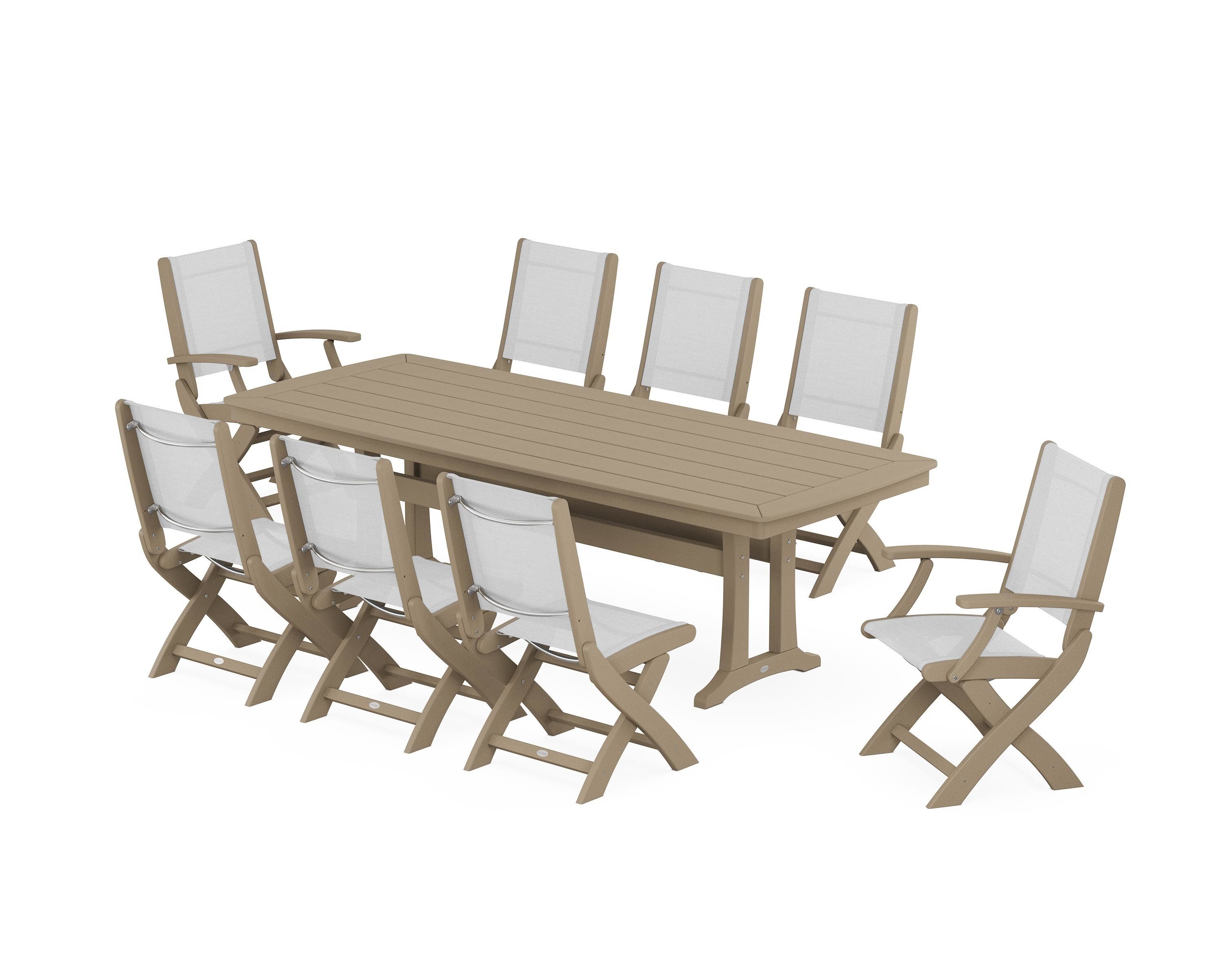 POLYWOOD Coastal Folding 9-Piece Dining Set with Trestle Legs in Vintage Sahara / White Sling